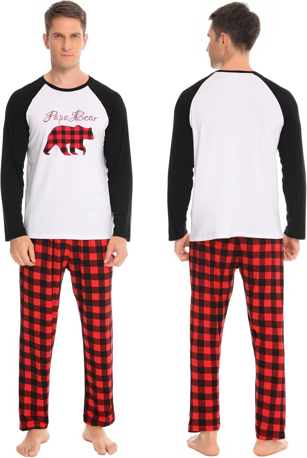 imageSWOMOG Family Matching Christmas Pajamas Sets MenWomen Plaid Pants Loungewear and Printed Long Sleeve PjsZchristmas Bear