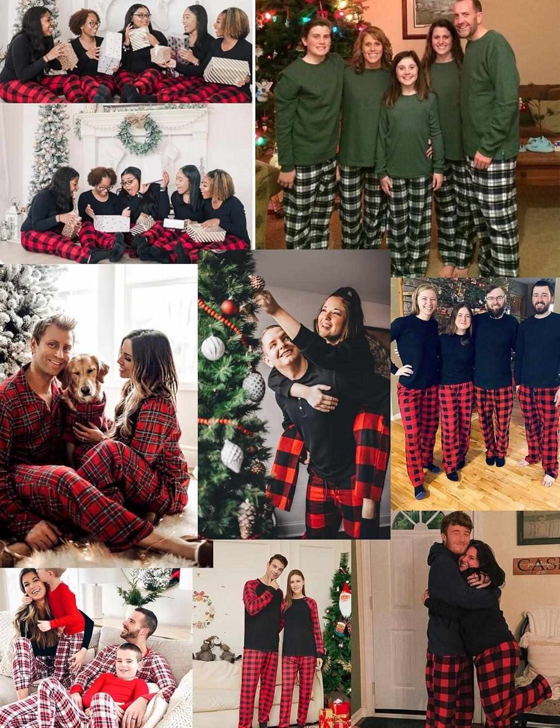imageSWOMOG Family Matching Christmas Pajamas Sets MenWomen Plaid Pants Loungewear and Printed Long Sleeve PjsZchristmas Bear