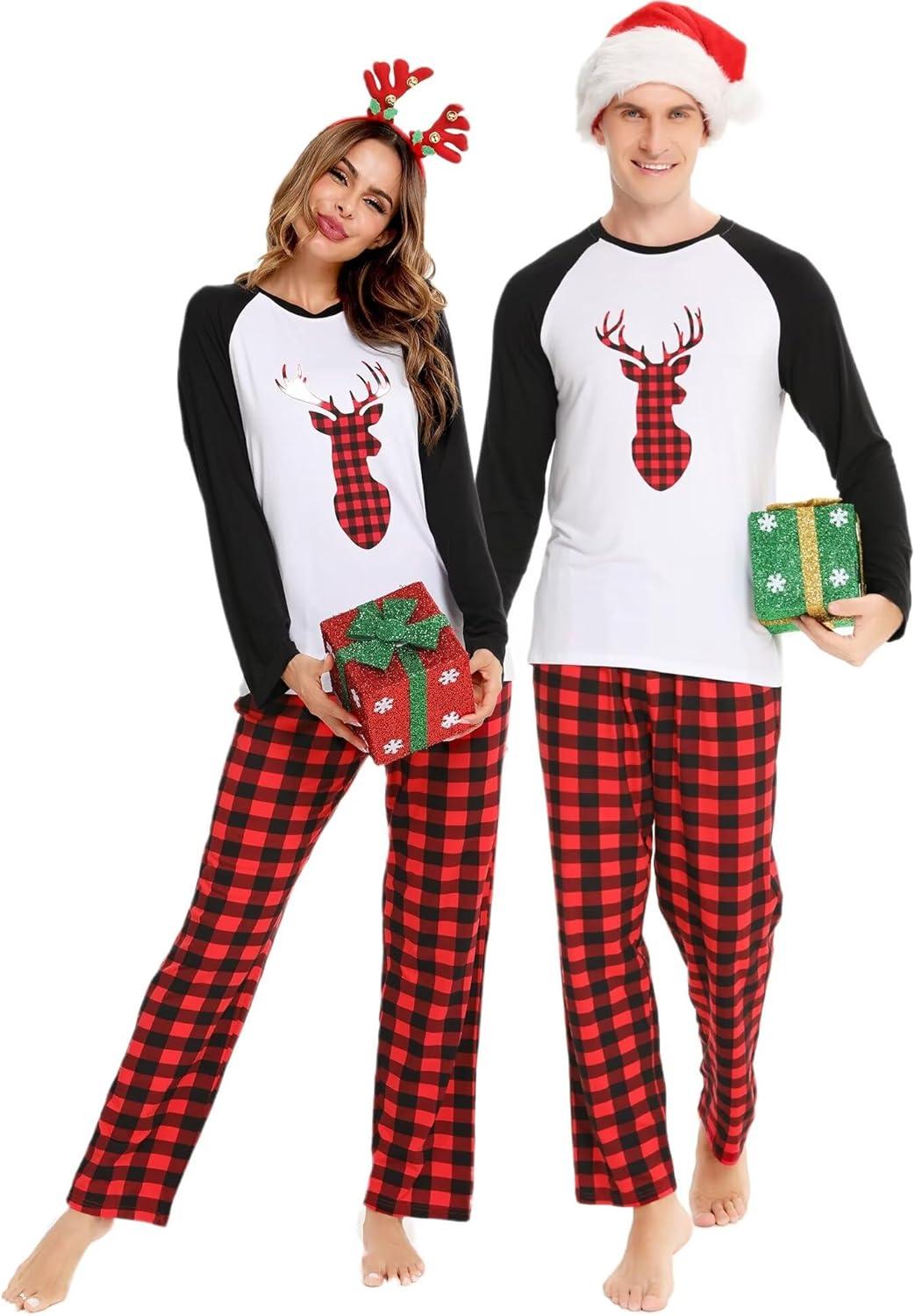 imageSWOMOG Family Matching Christmas Pajamas Sets MenWomen Plaid Pants Loungewear and Printed Long Sleeve PjsZchristmas Deer