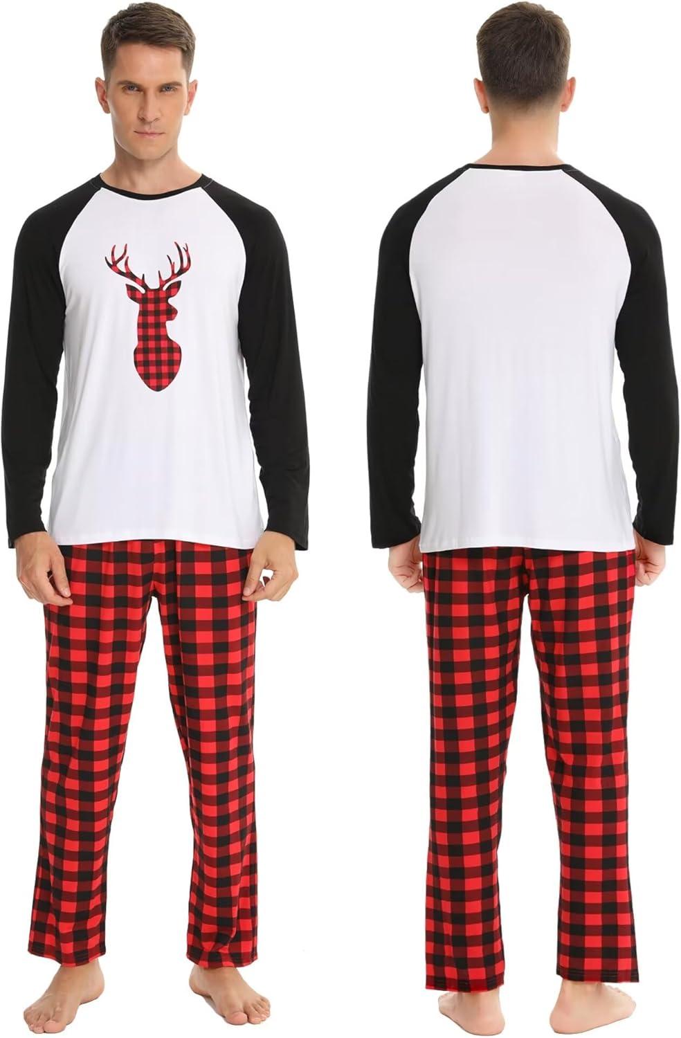 imageSWOMOG Family Matching Christmas Pajamas Sets MenWomen Plaid Pants Loungewear and Printed Long Sleeve PjsZchristmas Deer