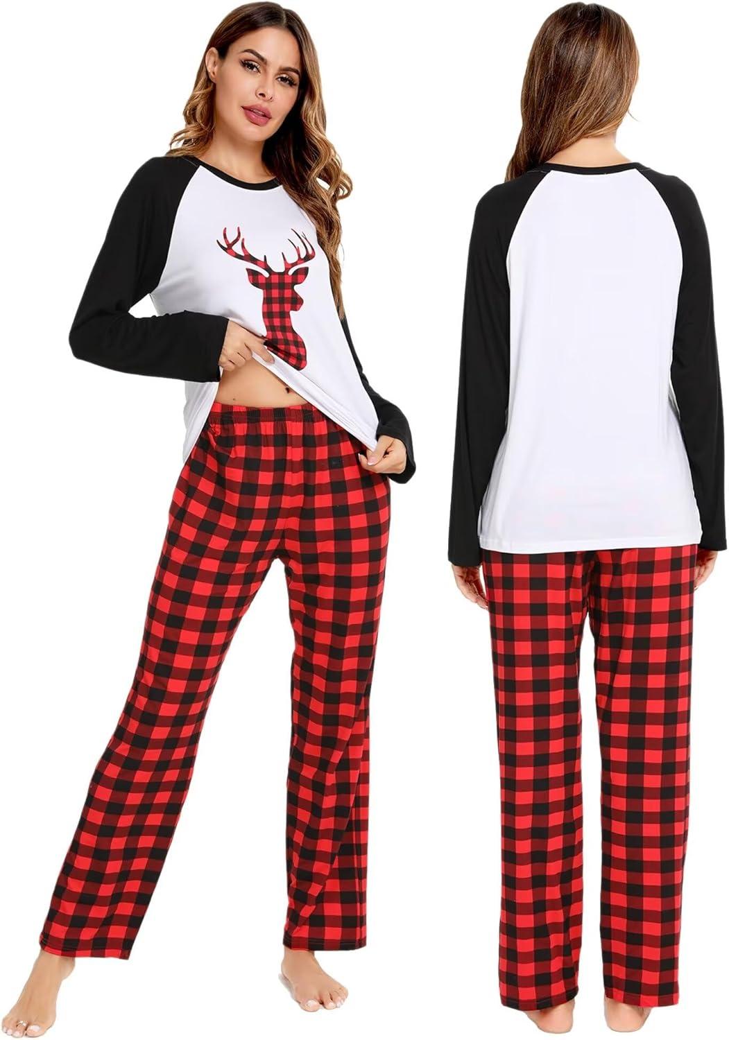 imageSWOMOG Family Matching Christmas Pajamas Sets MenWomen Plaid Pants Loungewear and Printed Long Sleeve PjsZchristmas Deer