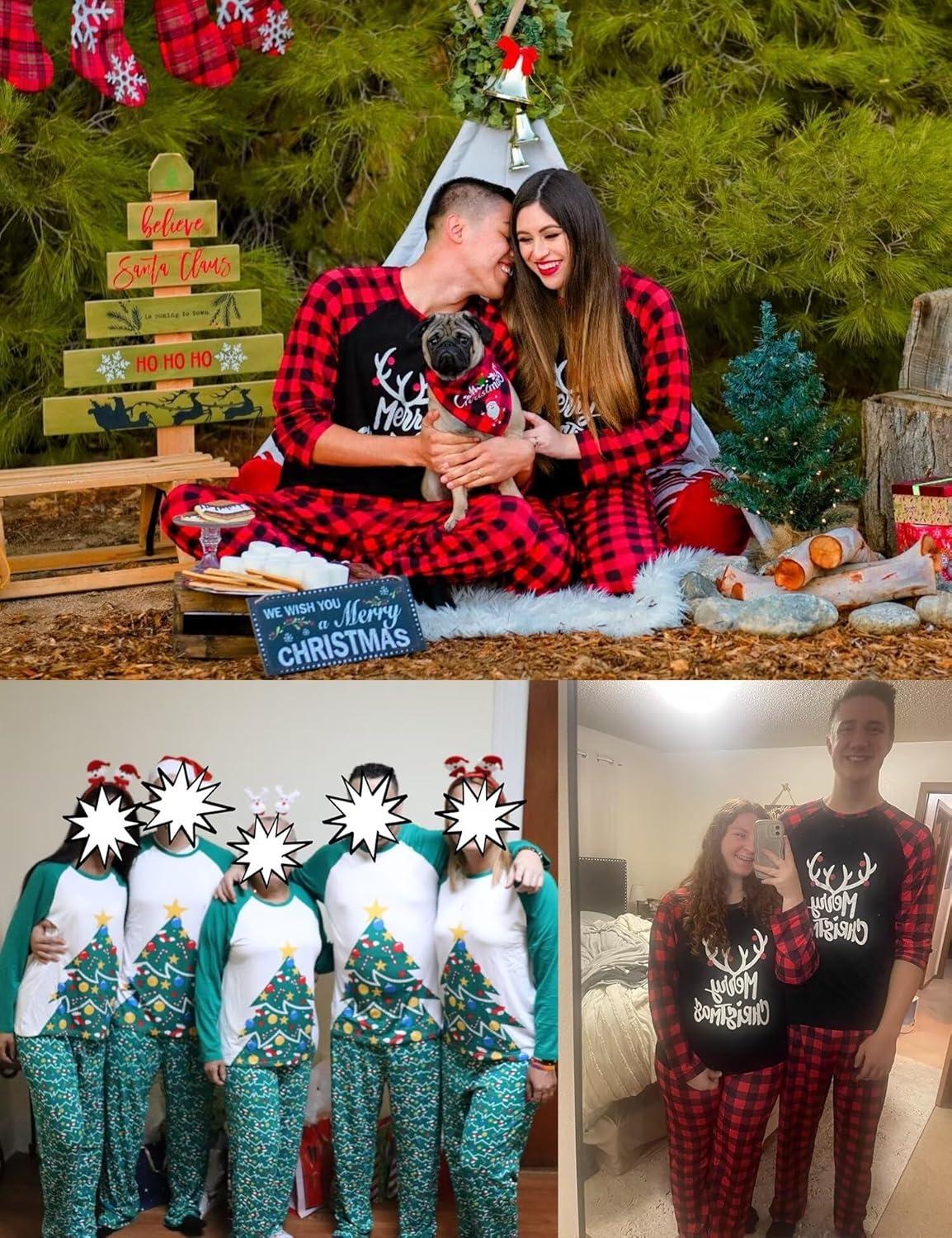 imageSWOMOG Family Matching Christmas Pajamas Sets MenWomen Plaid Pants Loungewear and Printed Long Sleeve PjsZgreen Black Plaid