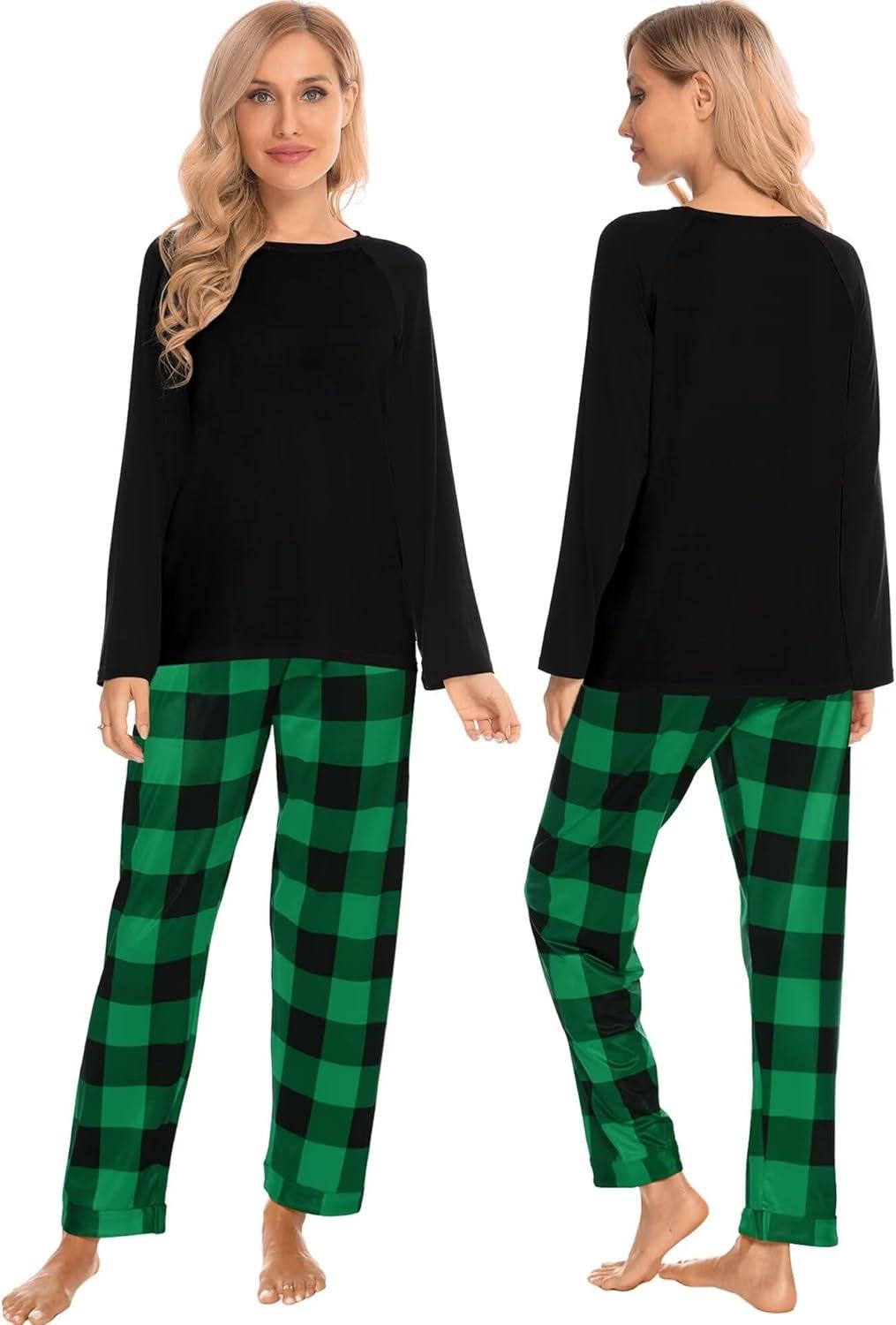 imageSWOMOG Family Matching Christmas Pajamas Sets MenWomen Plaid Pants Loungewear and Printed Long Sleeve PjsZgreen Black Plaid