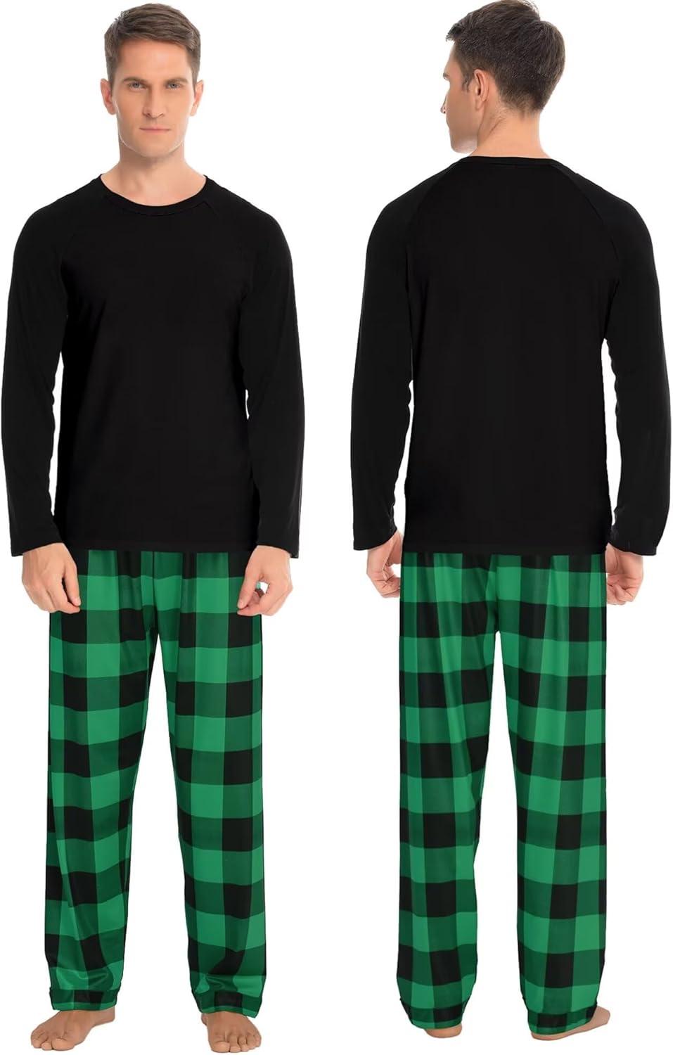 imageSWOMOG Family Matching Christmas Pajamas Sets MenWomen Plaid Pants Loungewear and Printed Long Sleeve PjsZgreen Black Plaid