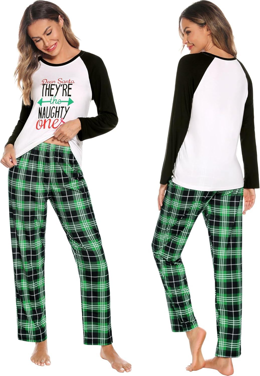 imageSWOMOG Family Matching Christmas Pajamas Sets MenWomen Plaid Pants Loungewear and Printed Long Sleeve PjsZgreen Letter