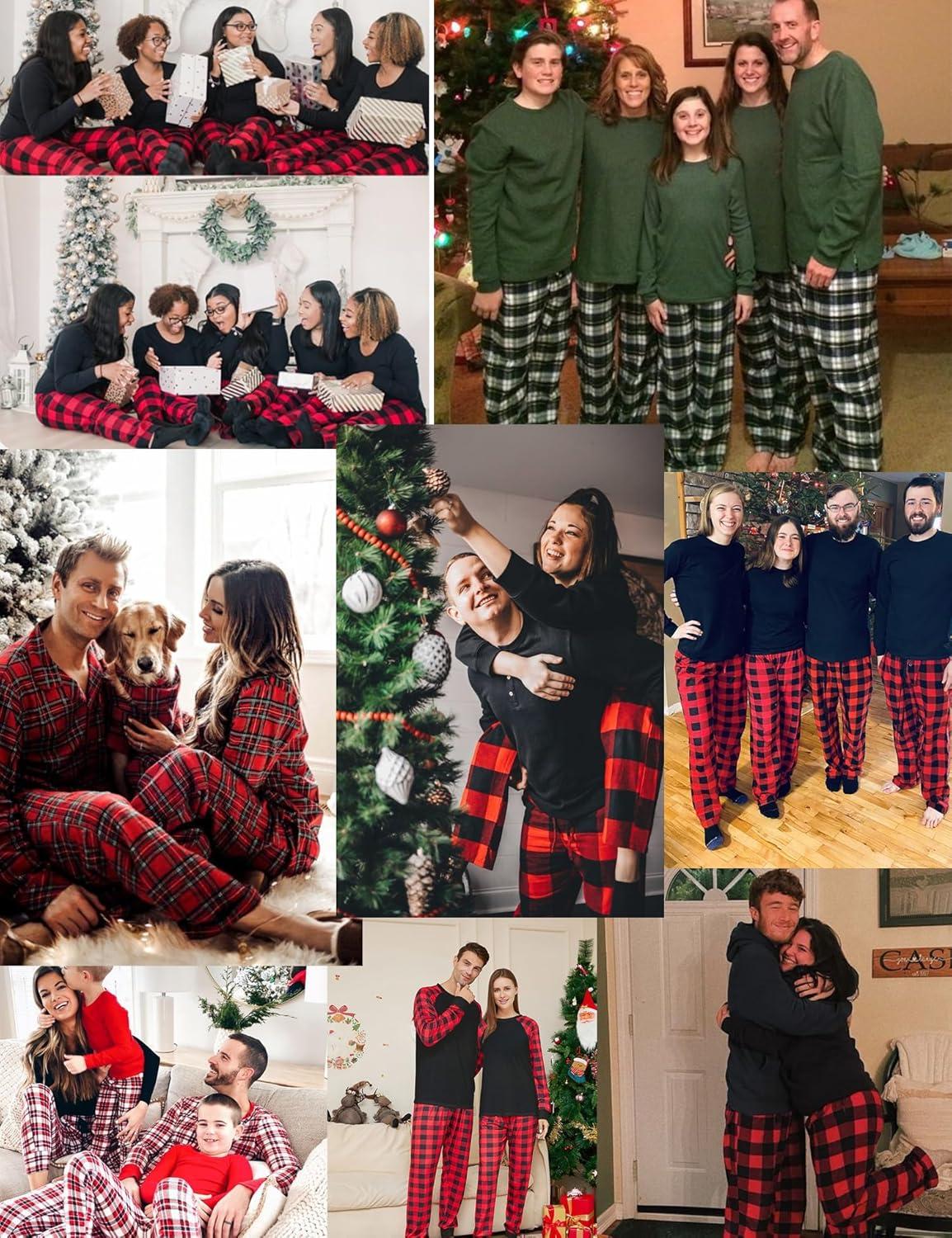 imageSWOMOG Family Matching Christmas Pajamas Sets MenWomen Plaid Pants Loungewear and Printed Long Sleeve PjsZgreen Letter