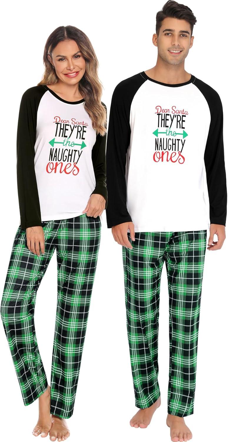 imageSWOMOG Family Matching Christmas Pajamas Sets MenWomen Plaid Pants Loungewear and Printed Long Sleeve PjsZgreen Letter