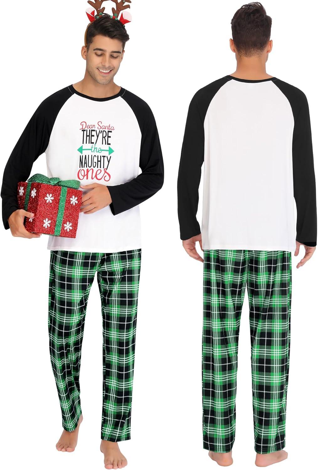 imageSWOMOG Family Matching Christmas Pajamas Sets MenWomen Plaid Pants Loungewear and Printed Long Sleeve PjsZgreen Letter