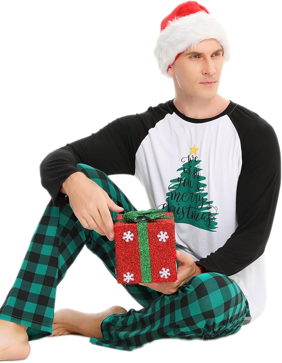 imageSWOMOG Family Matching Christmas Pajamas Sets MenWomen Plaid Pants Loungewear and Printed Long Sleeve PjsZletter Tree