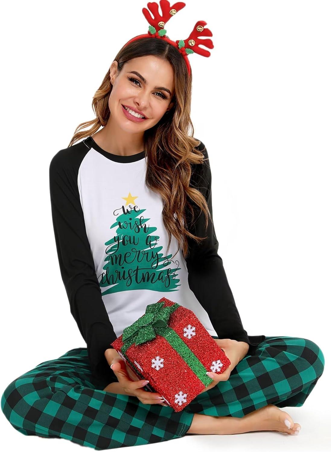 imageSWOMOG Family Matching Christmas Pajamas Sets MenWomen Plaid Pants Loungewear and Printed Long Sleeve PjsZletter Tree