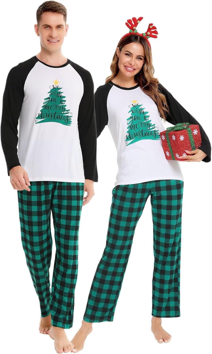 imageSWOMOG Family Matching Christmas Pajamas Sets MenWomen Plaid Pants Loungewear and Printed Long Sleeve PjsZletter Tree