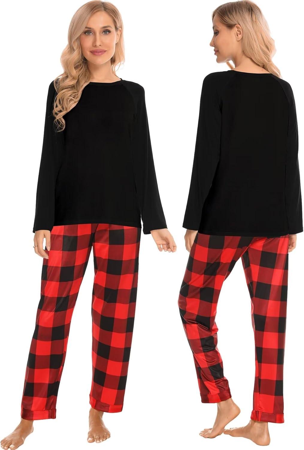 imageSWOMOG Family Matching Christmas Pajamas Sets MenWomen Plaid Pants Loungewear and Printed Long Sleeve PjsZred Black Plaid