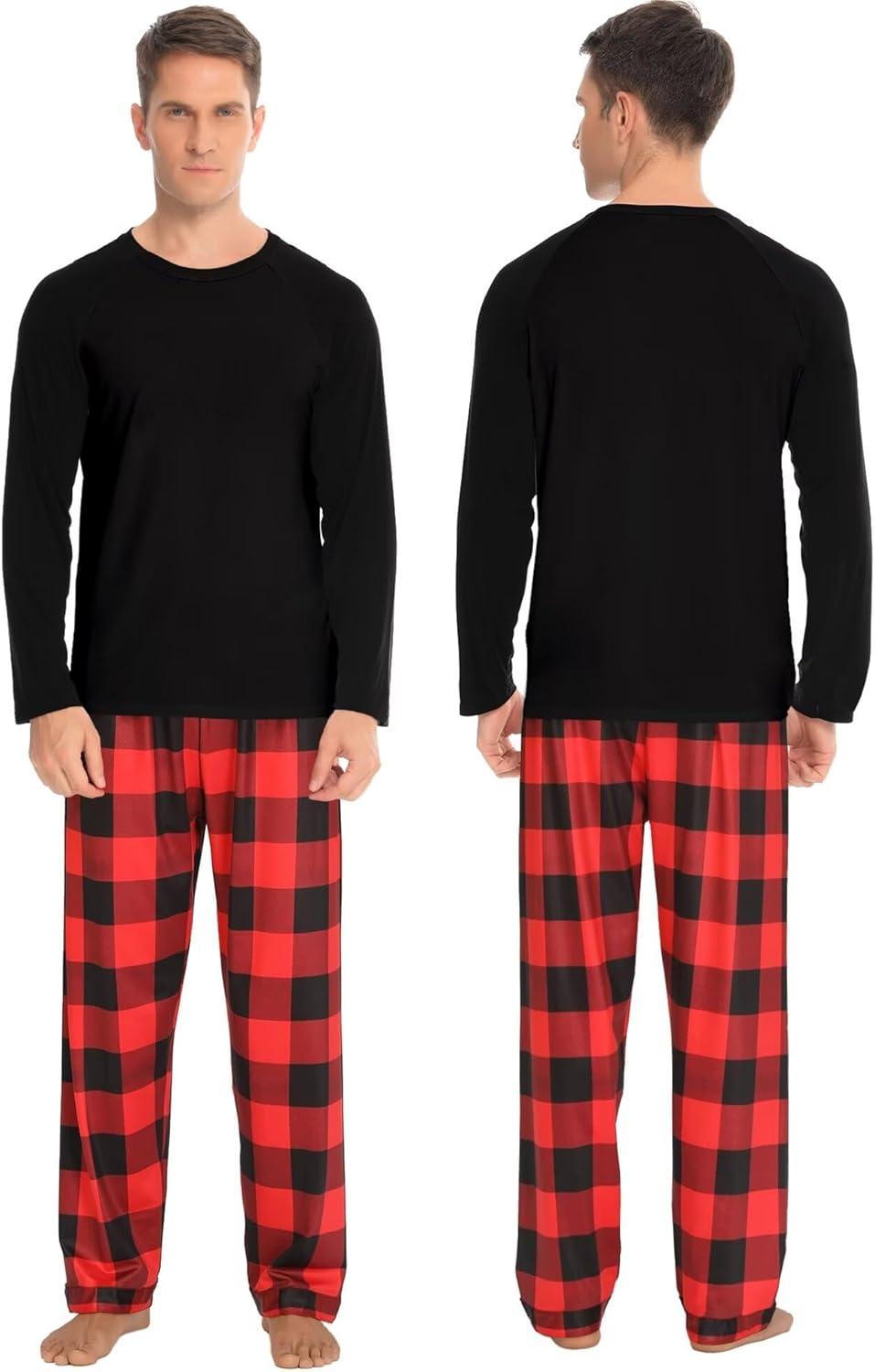 imageSWOMOG Family Matching Christmas Pajamas Sets MenWomen Plaid Pants Loungewear and Printed Long Sleeve PjsZred Black Plaid
