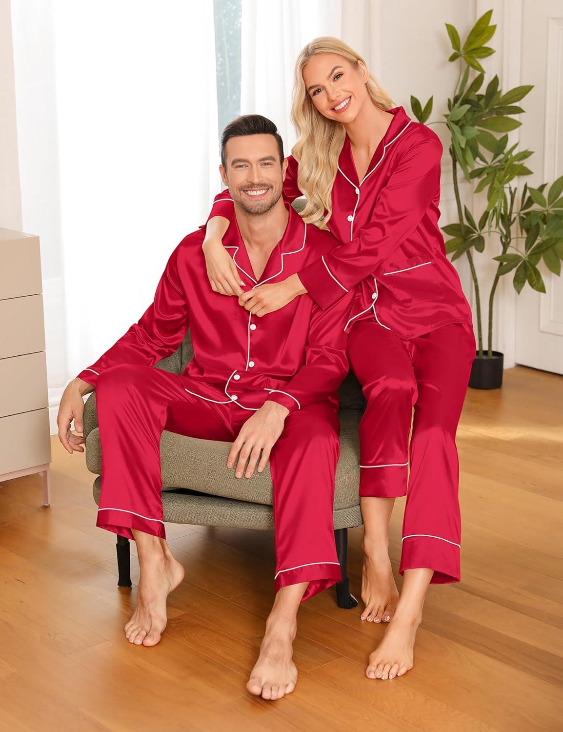 imageSWOMOG Matching Family Pajamas Set Women amp Men Silk Satin Pjs 2 Pcs Long Sleeve Button Down Sleepwear with 2 PocketsAred