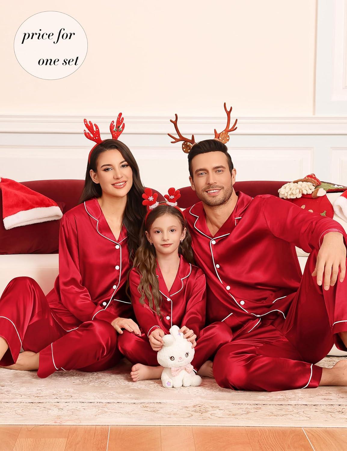 imageSWOMOG Matching Family Pajamas Set Women amp Men Silk Satin Pjs 2 Pcs Long Sleeve Button Down Sleepwear with 2 PocketsAred