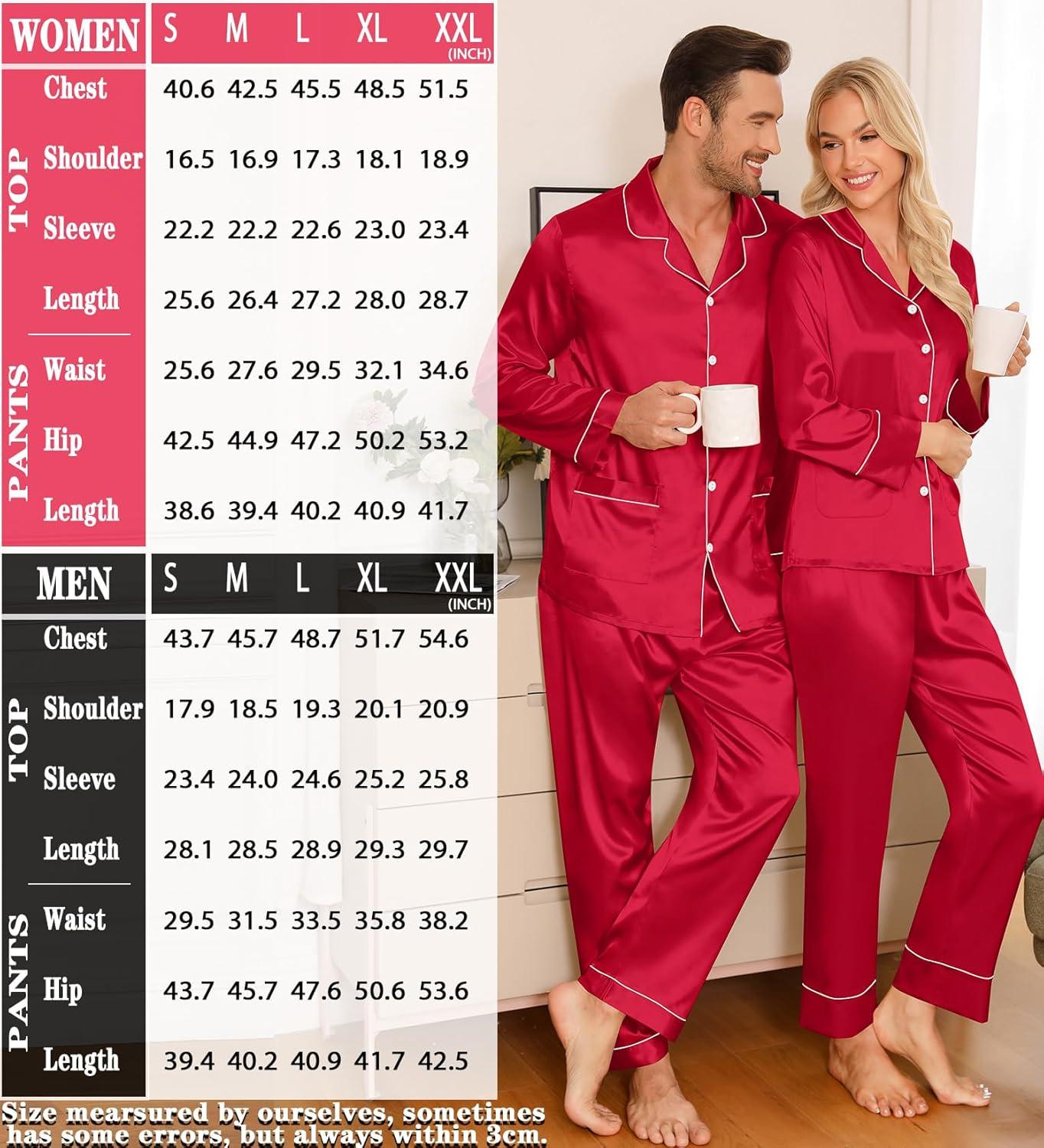 imageSWOMOG Matching Family Pajamas Set Women amp Men Silk Satin Pjs 2 Pcs Long Sleeve Button Down Sleepwear with 2 PocketsAred