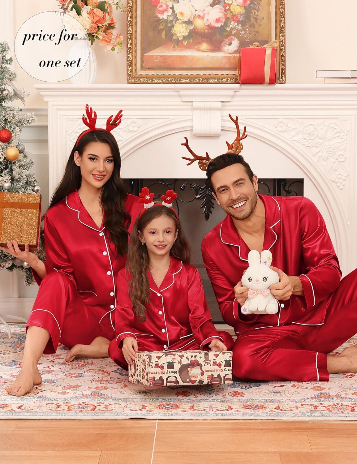 imageSWOMOG Matching Family Pajamas Set Women amp Men Silk Satin Pjs 2 Pcs Long Sleeve Button Down Sleepwear with 2 PocketsAred