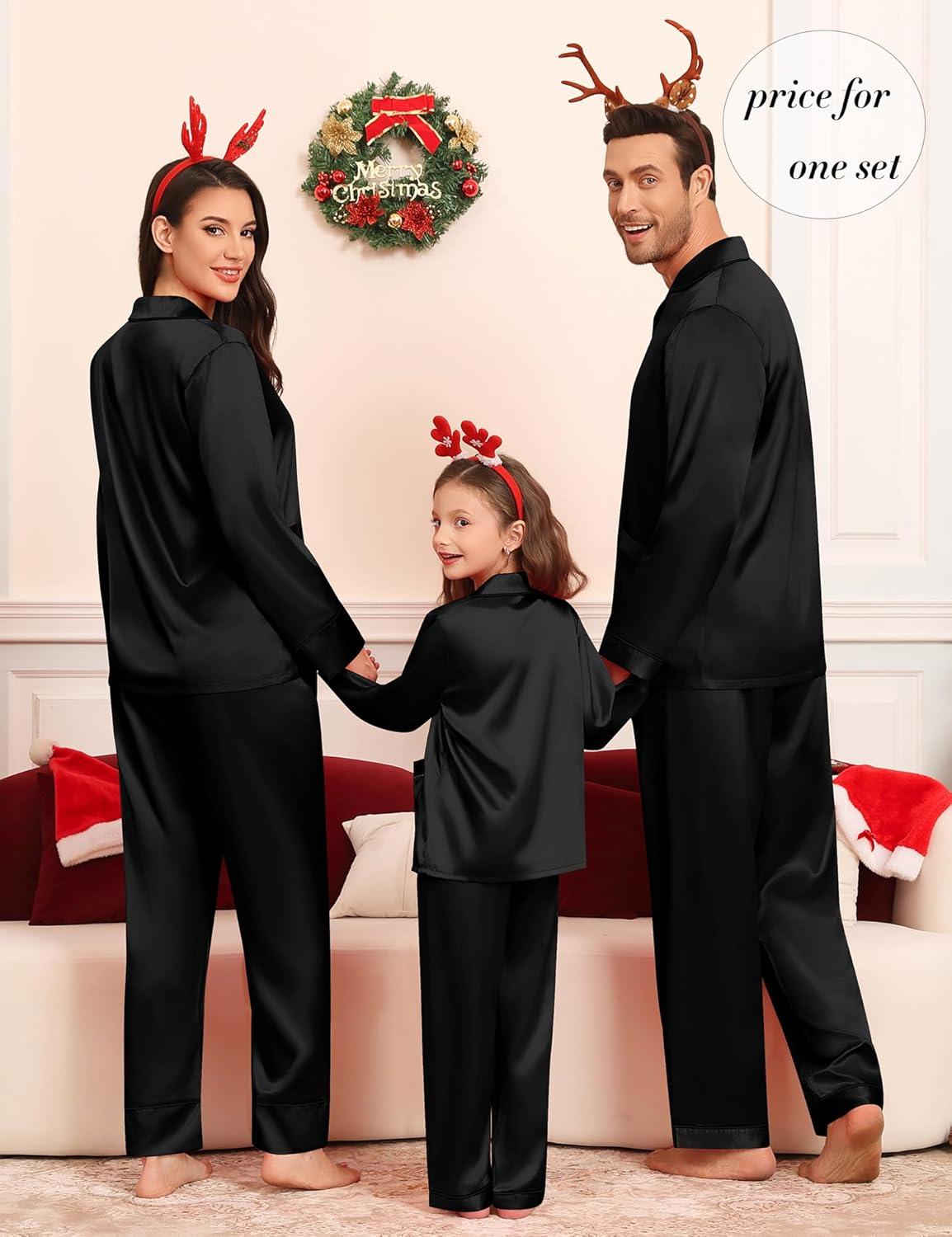 imageSWOMOG Matching Family Pajamas Set Women amp Men Silk Satin Pjs 2 Pcs Long Sleeve Button Down Sleepwear with 2 PocketsBlack
