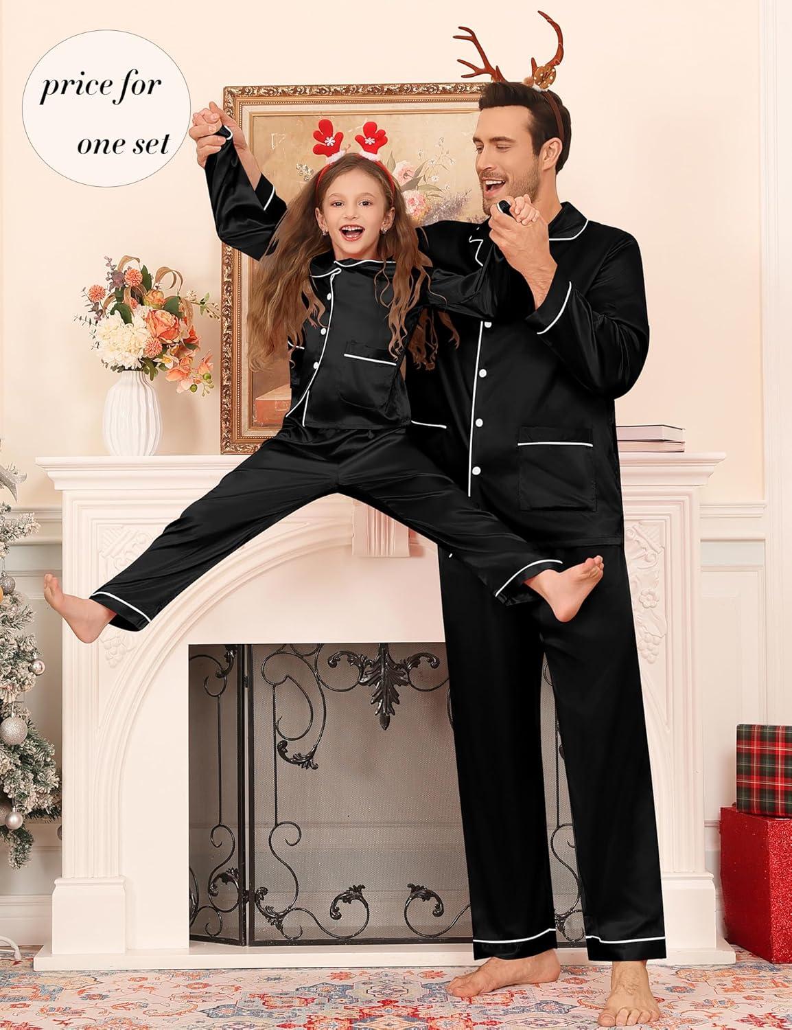 imageSWOMOG Matching Family Pajamas Set Women amp Men Silk Satin Pjs 2 Pcs Long Sleeve Button Down Sleepwear with 2 PocketsBlack