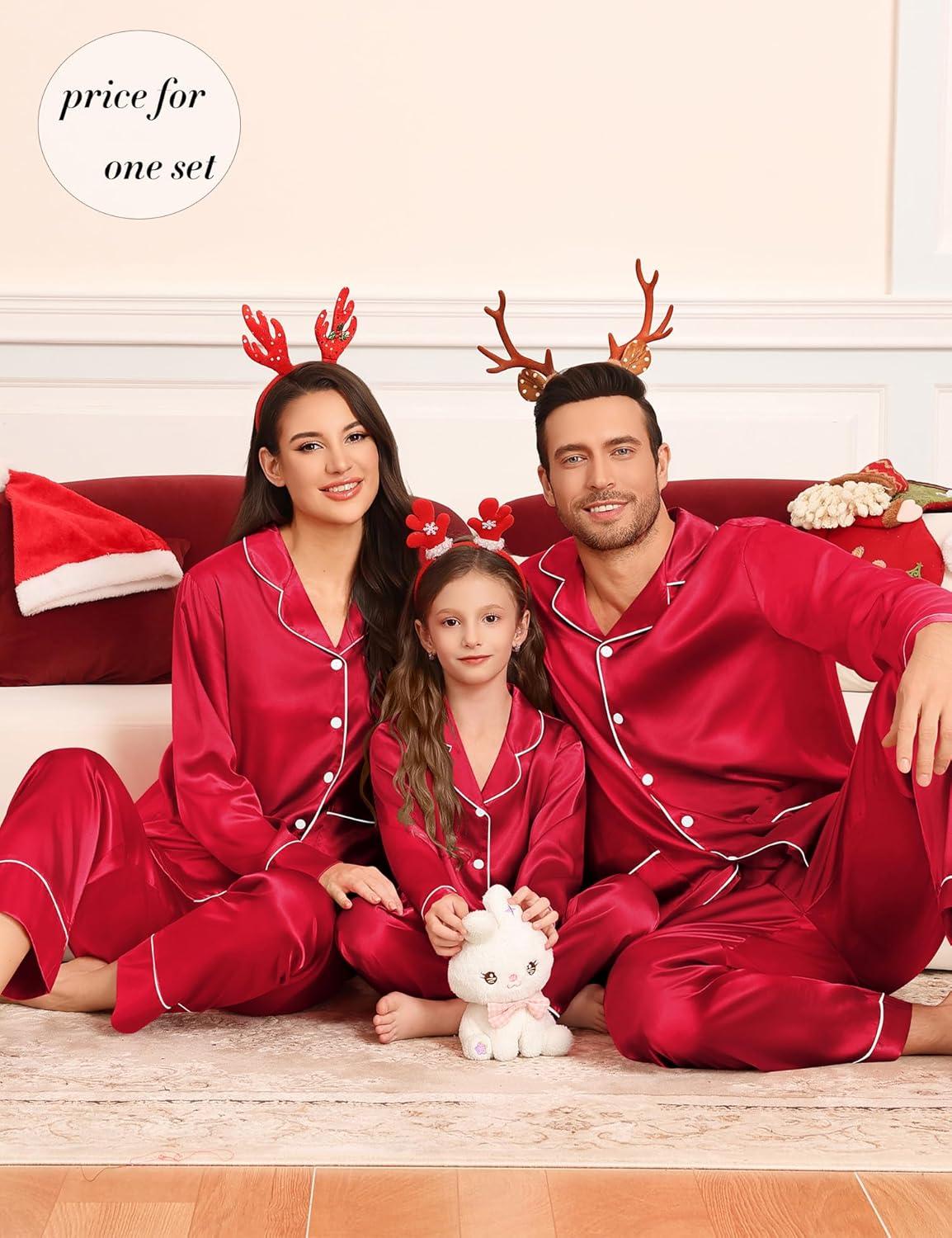 imageSWOMOG Matching Family Pajamas Set Women amp Men Silk Satin Pjs 2 Pcs Long Sleeve Button Down Sleepwear with 2 PocketsBright Red
