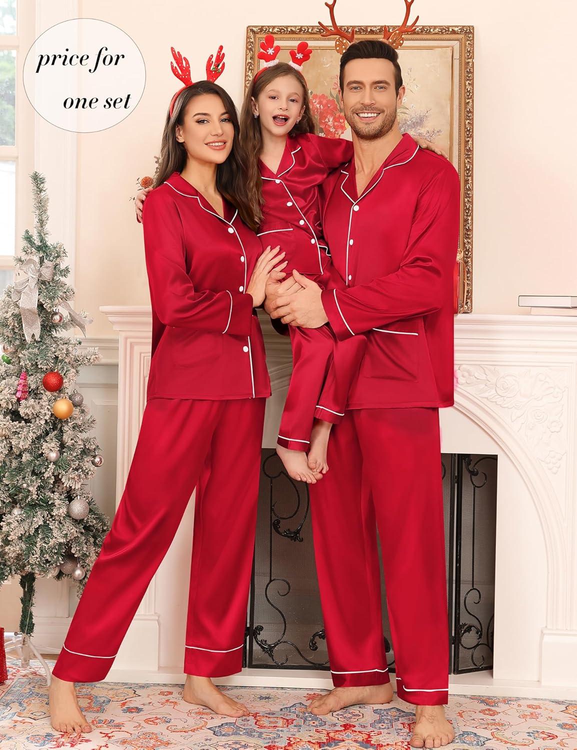 imageSWOMOG Matching Family Pajamas Set Women amp Men Silk Satin Pjs 2 Pcs Long Sleeve Button Down Sleepwear with 2 PocketsBright Red
