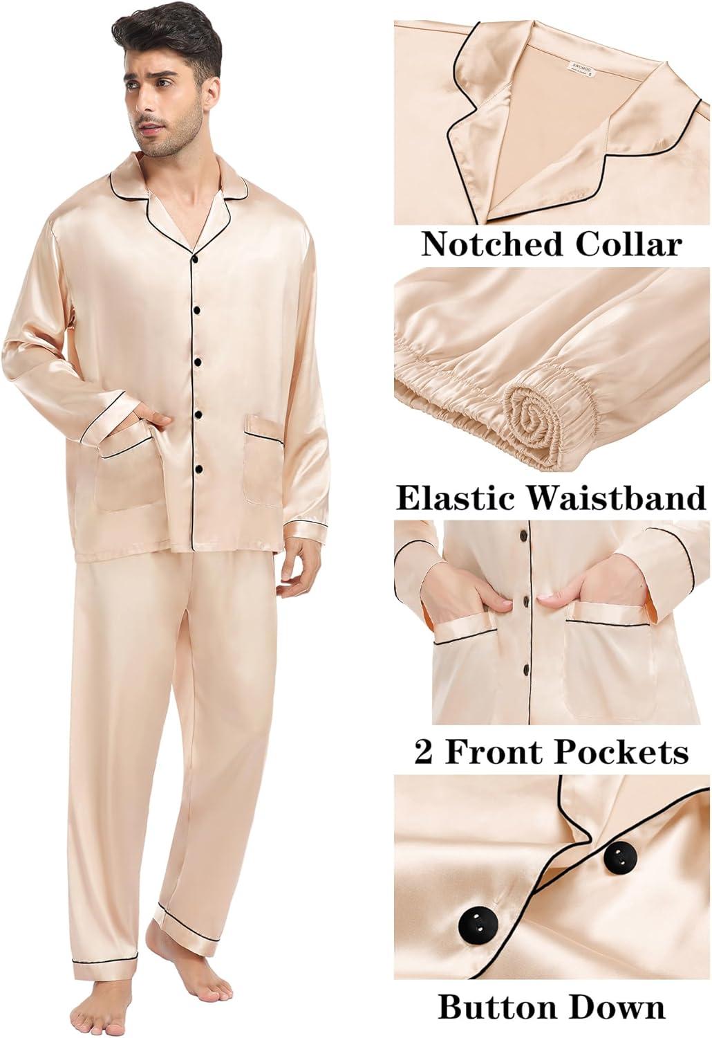 imageSWOMOG Matching Family Pajamas Set Women amp Men Silk Satin Pjs 2 Pcs Long Sleeve Button Down Sleepwear with 2 PocketsChampagne
