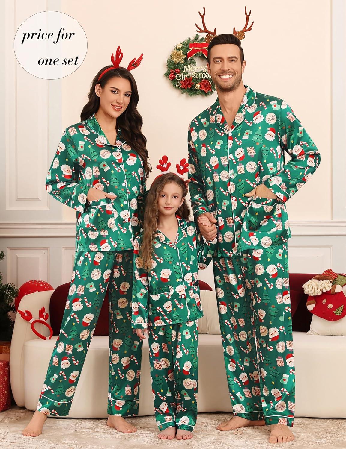 imageSWOMOG Matching Family Pajamas Set Women amp Men Silk Satin Pjs 2 Pcs Long Sleeve Button Down Sleepwear with 2 PocketsChristmas Pattern