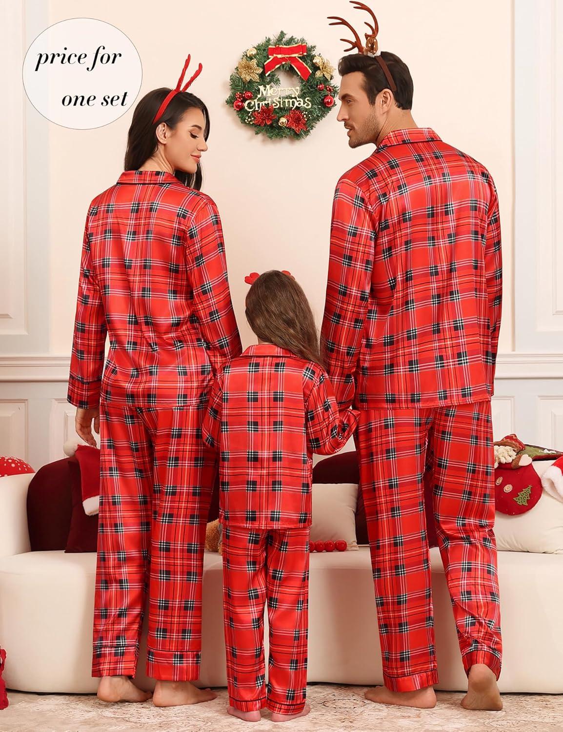 imageSWOMOG Matching Family Pajamas Set Women amp Men Silk Satin Pjs 2 Pcs Long Sleeve Button Down Sleepwear with 2 PocketsChristmas Red Plaid