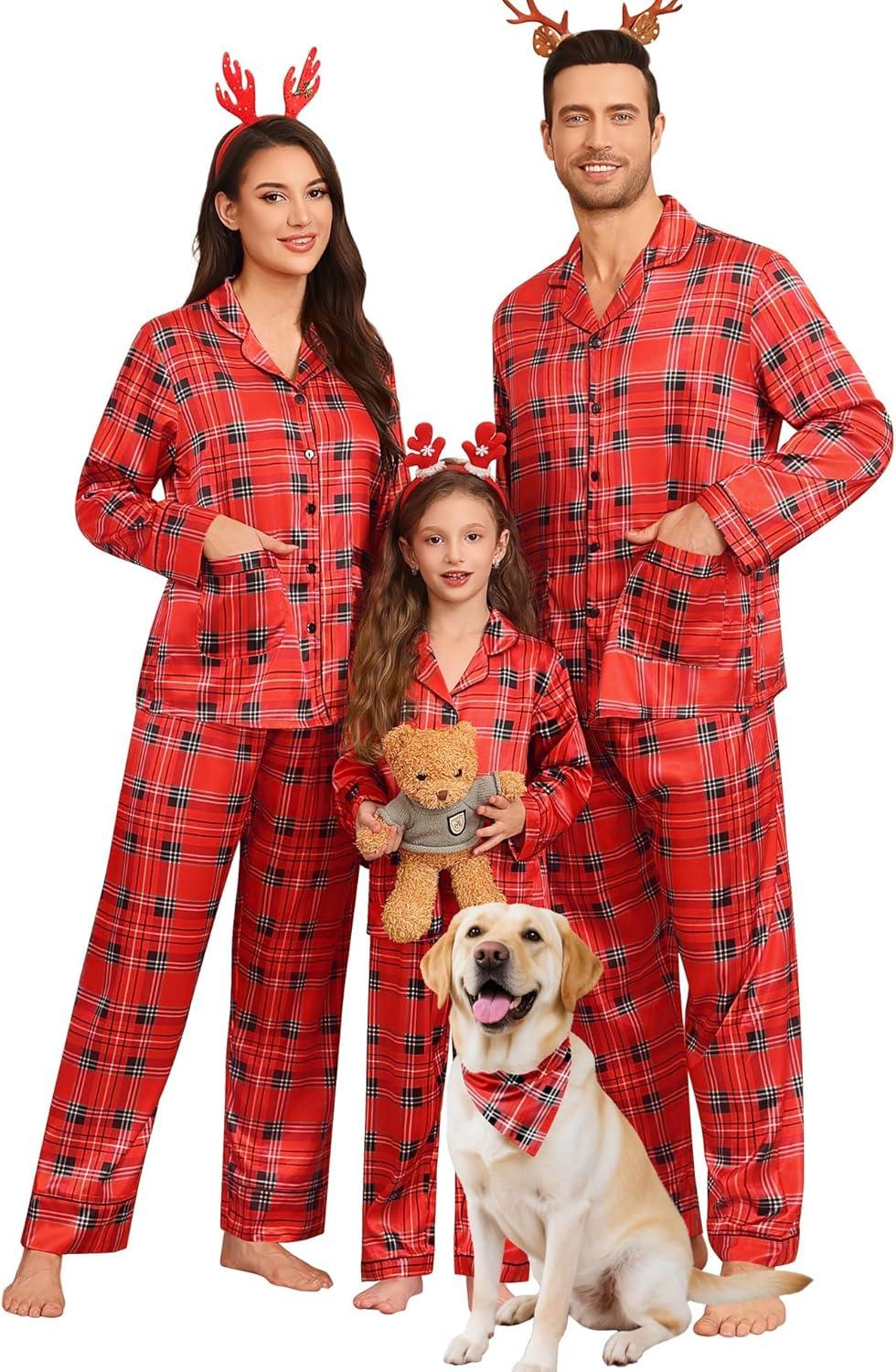 imageSWOMOG Matching Family Pajamas Set Women amp Men Silk Satin Pjs 2 Pcs Long Sleeve Button Down Sleepwear with 2 PocketsChristmas Red Plaid