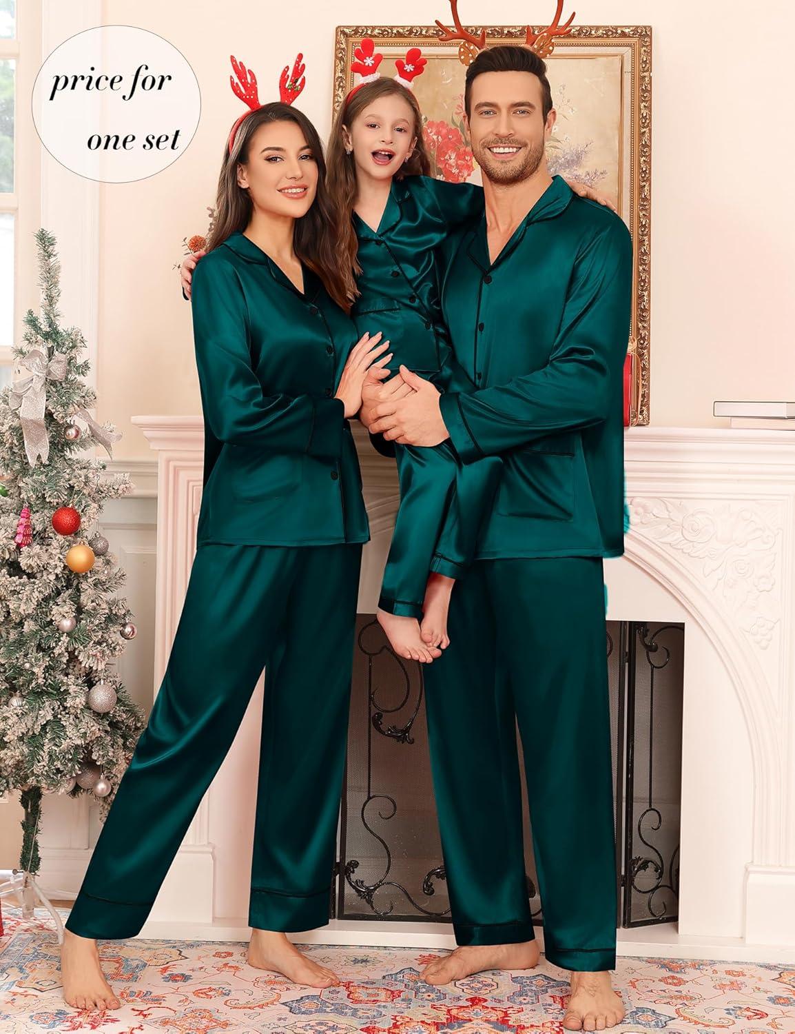 imageSWOMOG Matching Family Pajamas Set Women amp Men Silk Satin Pjs 2 Pcs Long Sleeve Button Down Sleepwear with 2 PocketsDeep Green