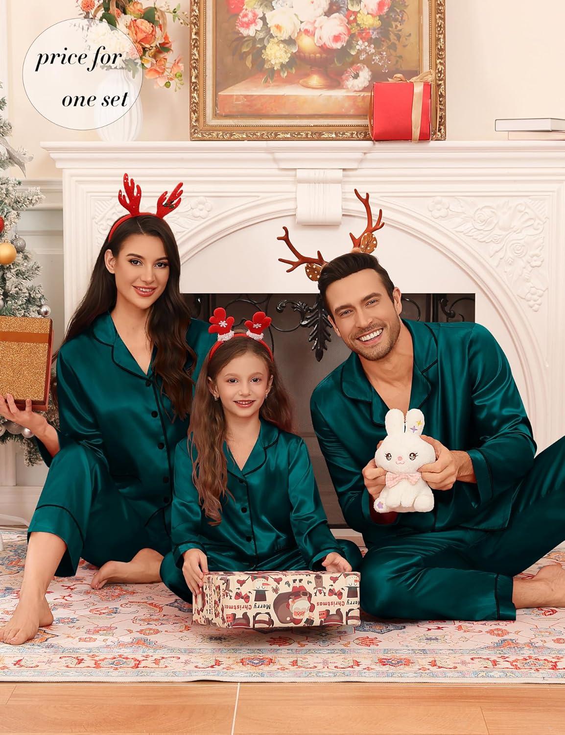 imageSWOMOG Matching Family Pajamas Set Women amp Men Silk Satin Pjs 2 Pcs Long Sleeve Button Down Sleepwear with 2 PocketsDeep Green