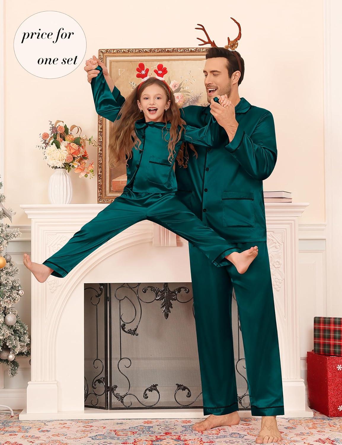 imageSWOMOG Matching Family Pajamas Set Women amp Men Silk Satin Pjs 2 Pcs Long Sleeve Button Down Sleepwear with 2 PocketsDeep Green