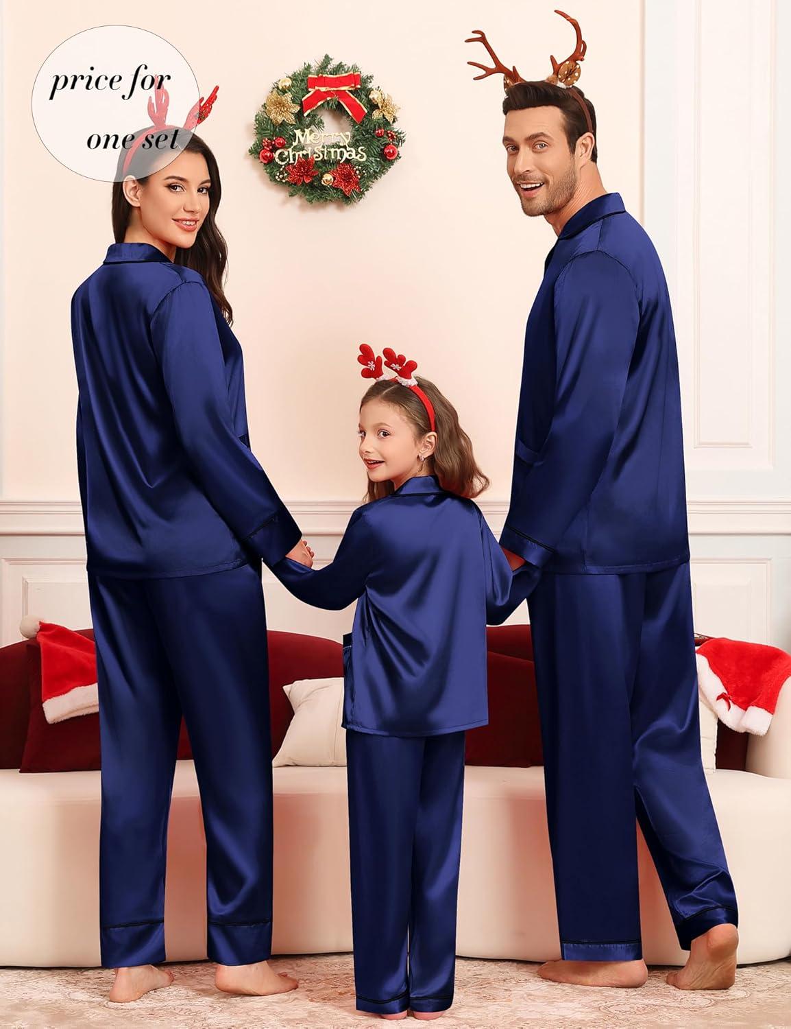 imageSWOMOG Matching Family Pajamas Set Women amp Men Silk Satin Pjs 2 Pcs Long Sleeve Button Down Sleepwear with 2 PocketsDeep Navy Blue