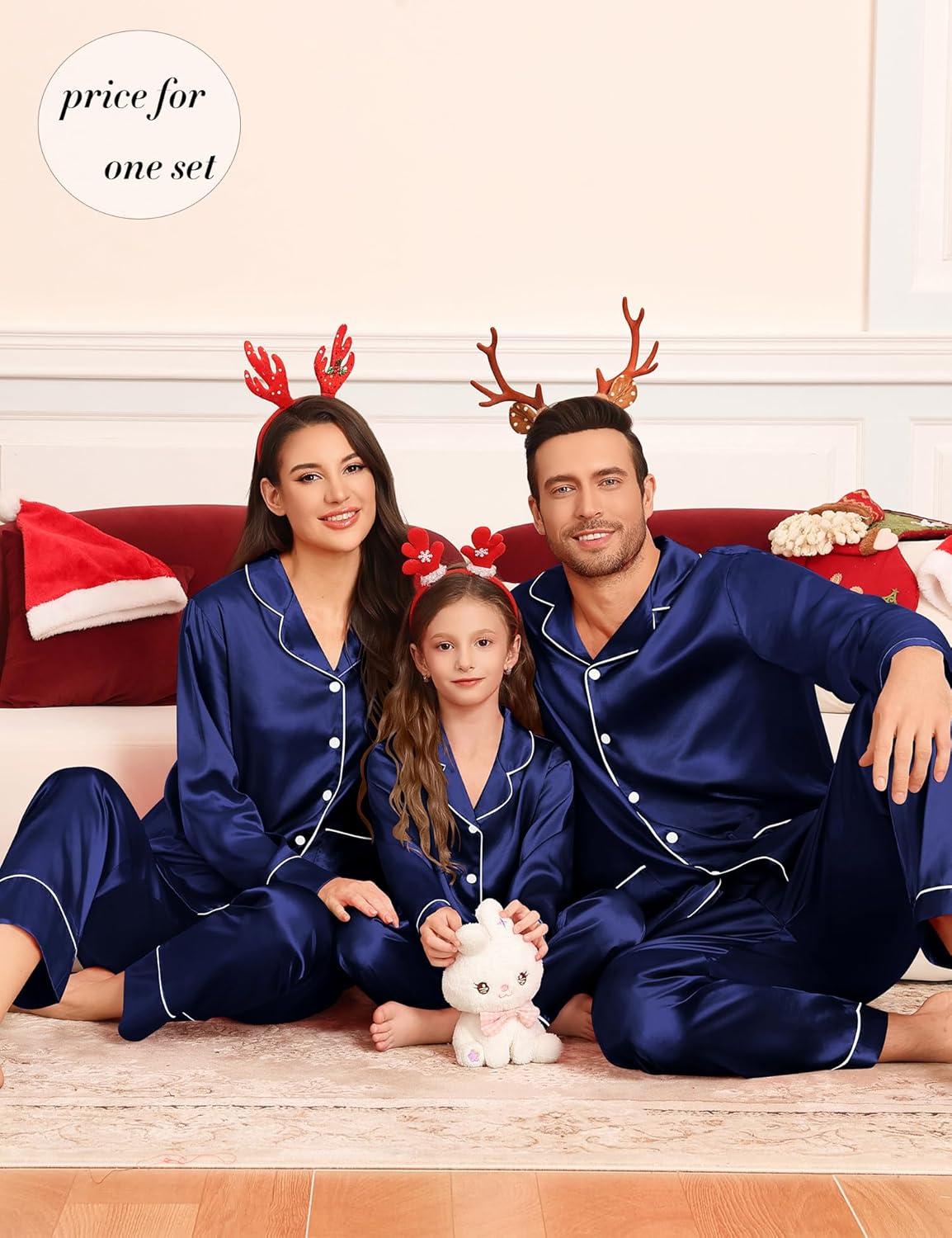 imageSWOMOG Matching Family Pajamas Set Women amp Men Silk Satin Pjs 2 Pcs Long Sleeve Button Down Sleepwear with 2 PocketsDeep Navy Blue