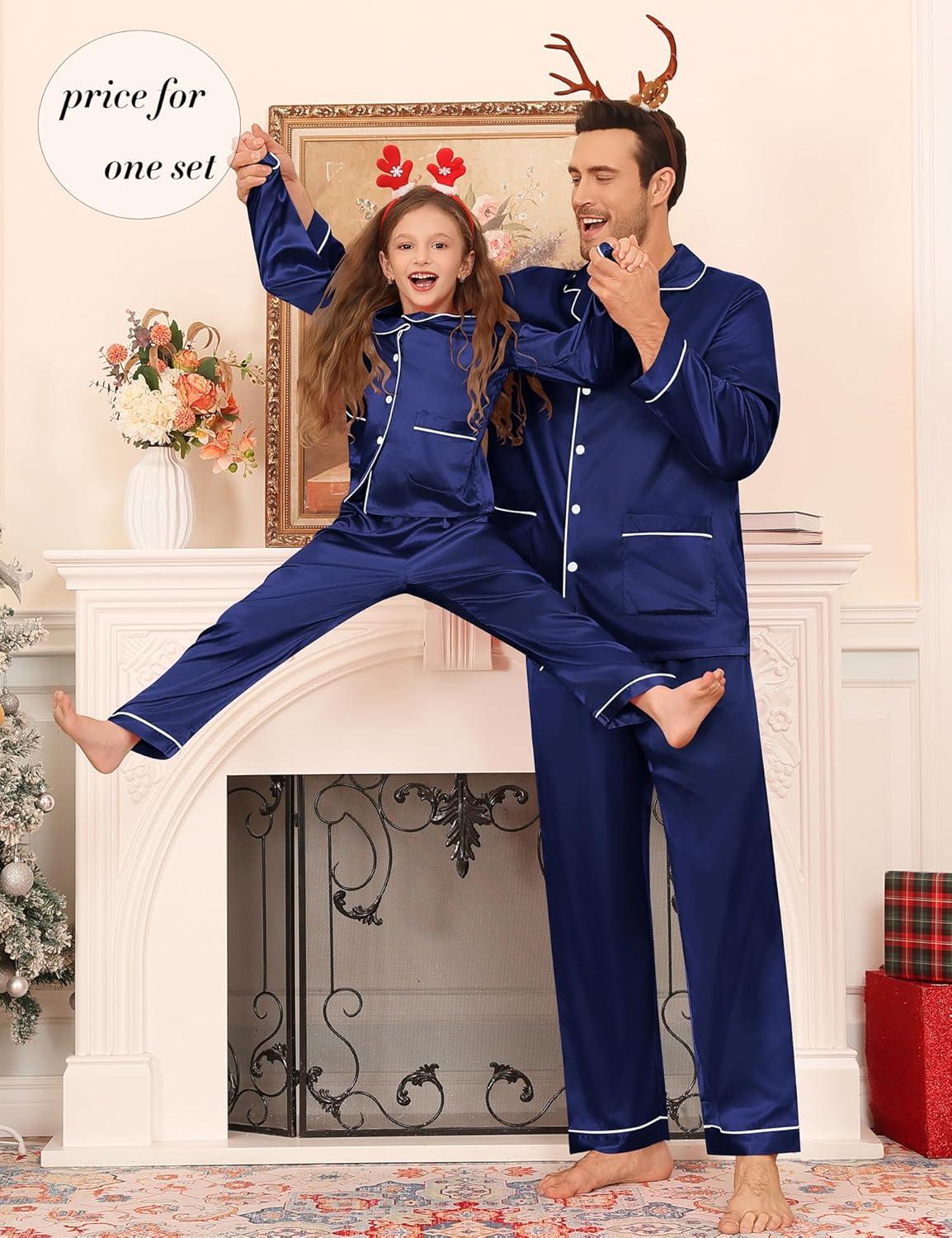 imageSWOMOG Matching Family Pajamas Set Women amp Men Silk Satin Pjs 2 Pcs Long Sleeve Button Down Sleepwear with 2 PocketsDeep Navy Blue