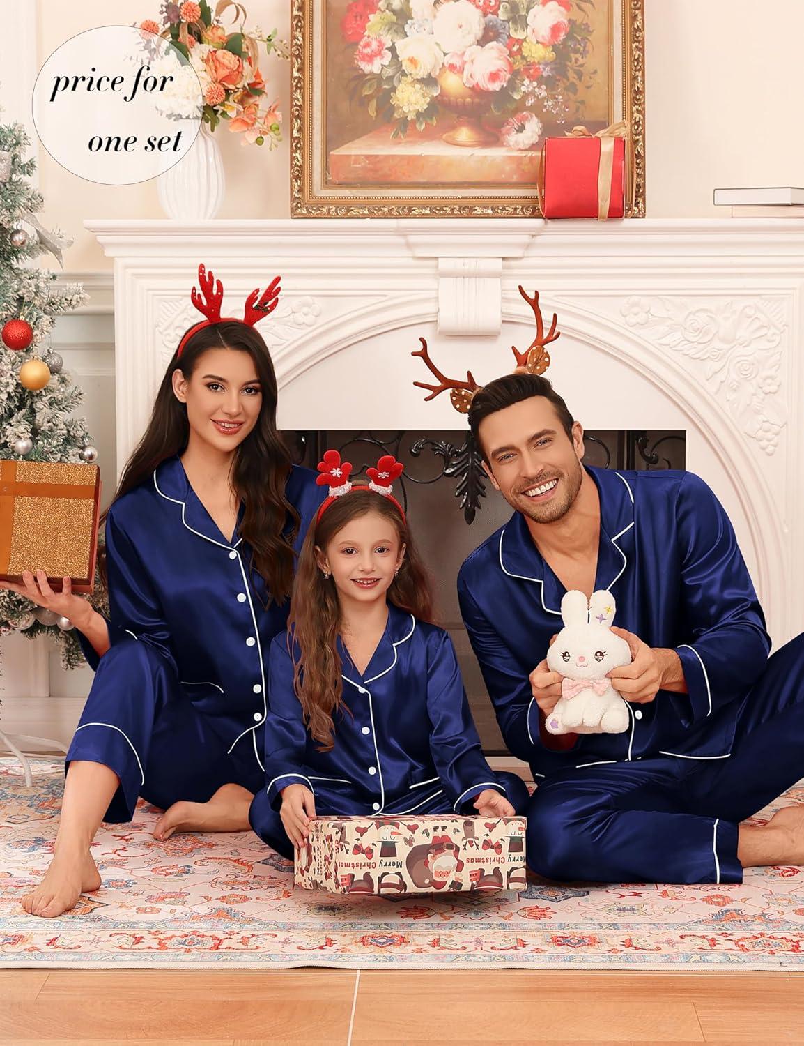 imageSWOMOG Matching Family Pajamas Set Women amp Men Silk Satin Pjs 2 Pcs Long Sleeve Button Down Sleepwear with 2 PocketsDeep Navy Blue