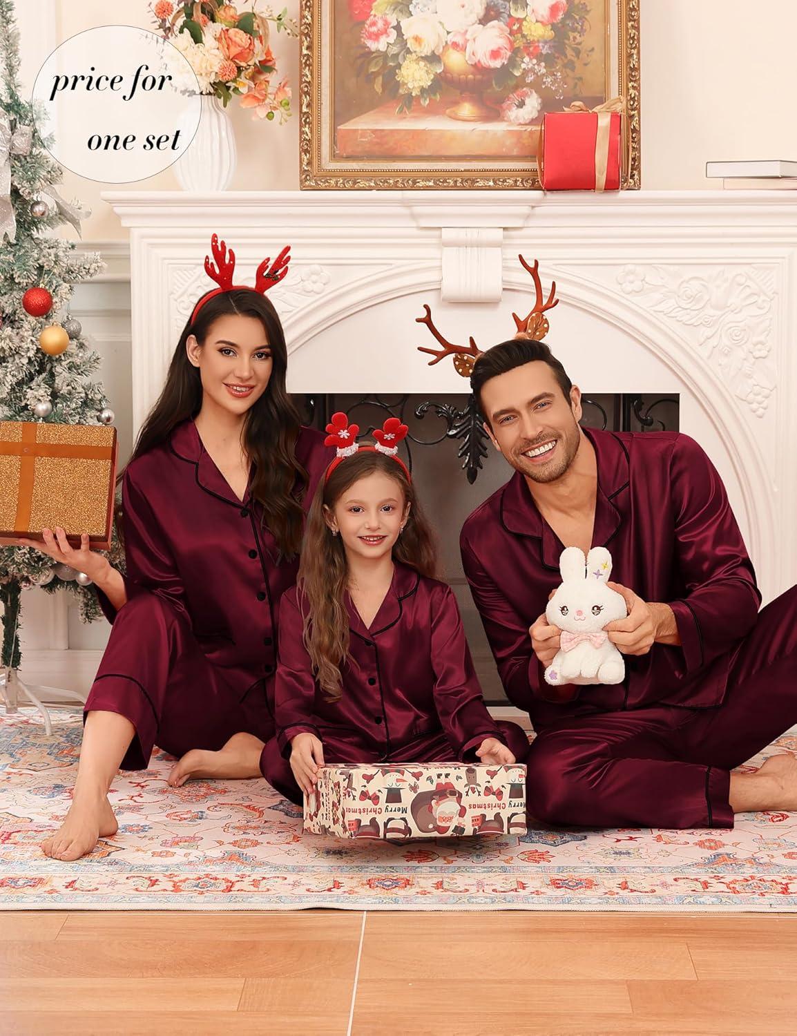 imageSWOMOG Matching Family Pajamas Set Women amp Men Silk Satin Pjs 2 Pcs Long Sleeve Button Down Sleepwear with 2 PocketsDeep Wine Red