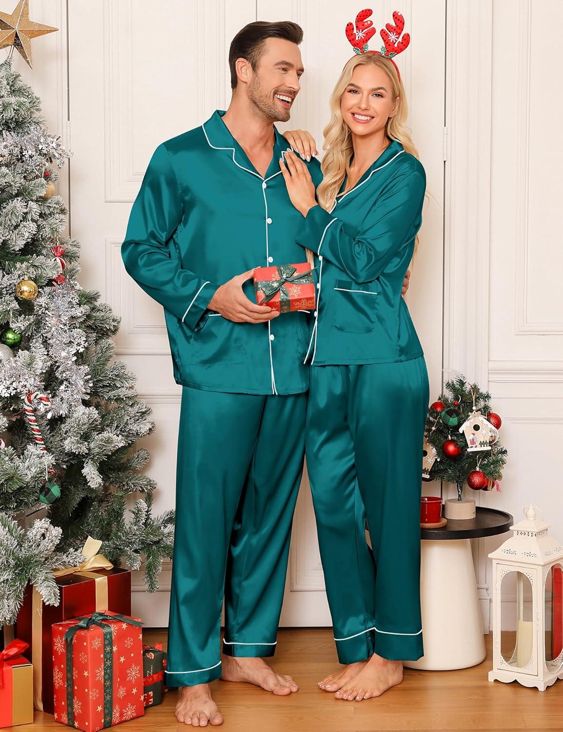 imageSWOMOG Matching Family Pajamas Set Women amp Men Silk Satin Pjs 2 Pcs Long Sleeve Button Down Sleepwear with 2 PocketsGreen