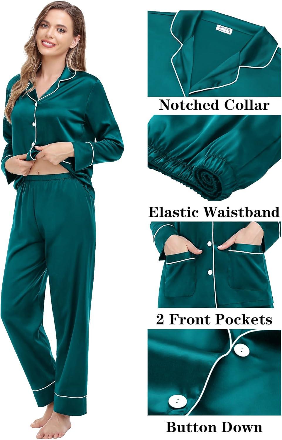imageSWOMOG Matching Family Pajamas Set Women amp Men Silk Satin Pjs 2 Pcs Long Sleeve Button Down Sleepwear with 2 PocketsGreen