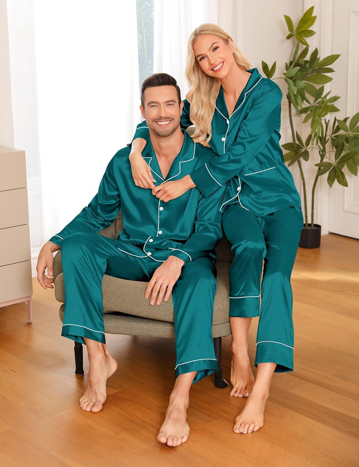 imageSWOMOG Matching Family Pajamas Set Women amp Men Silk Satin Pjs 2 Pcs Long Sleeve Button Down Sleepwear with 2 PocketsGreen