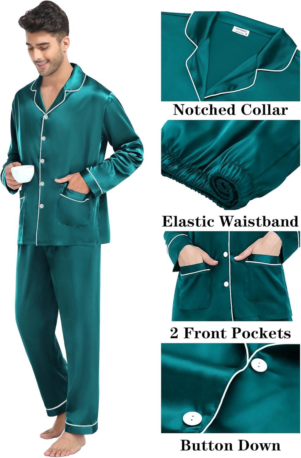 imageSWOMOG Matching Family Pajamas Set Women amp Men Silk Satin Pjs 2 Pcs Long Sleeve Button Down Sleepwear with 2 PocketsGreen