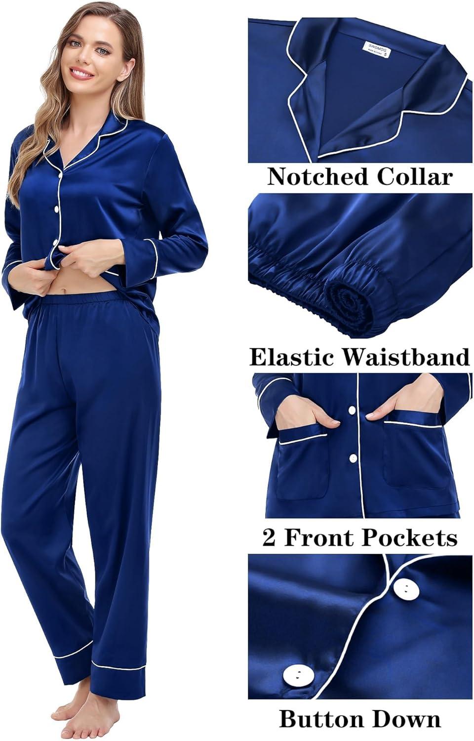 imageSWOMOG Matching Family Pajamas Set Women amp Men Silk Satin Pjs 2 Pcs Long Sleeve Button Down Sleepwear with 2 PocketsNavy Blue