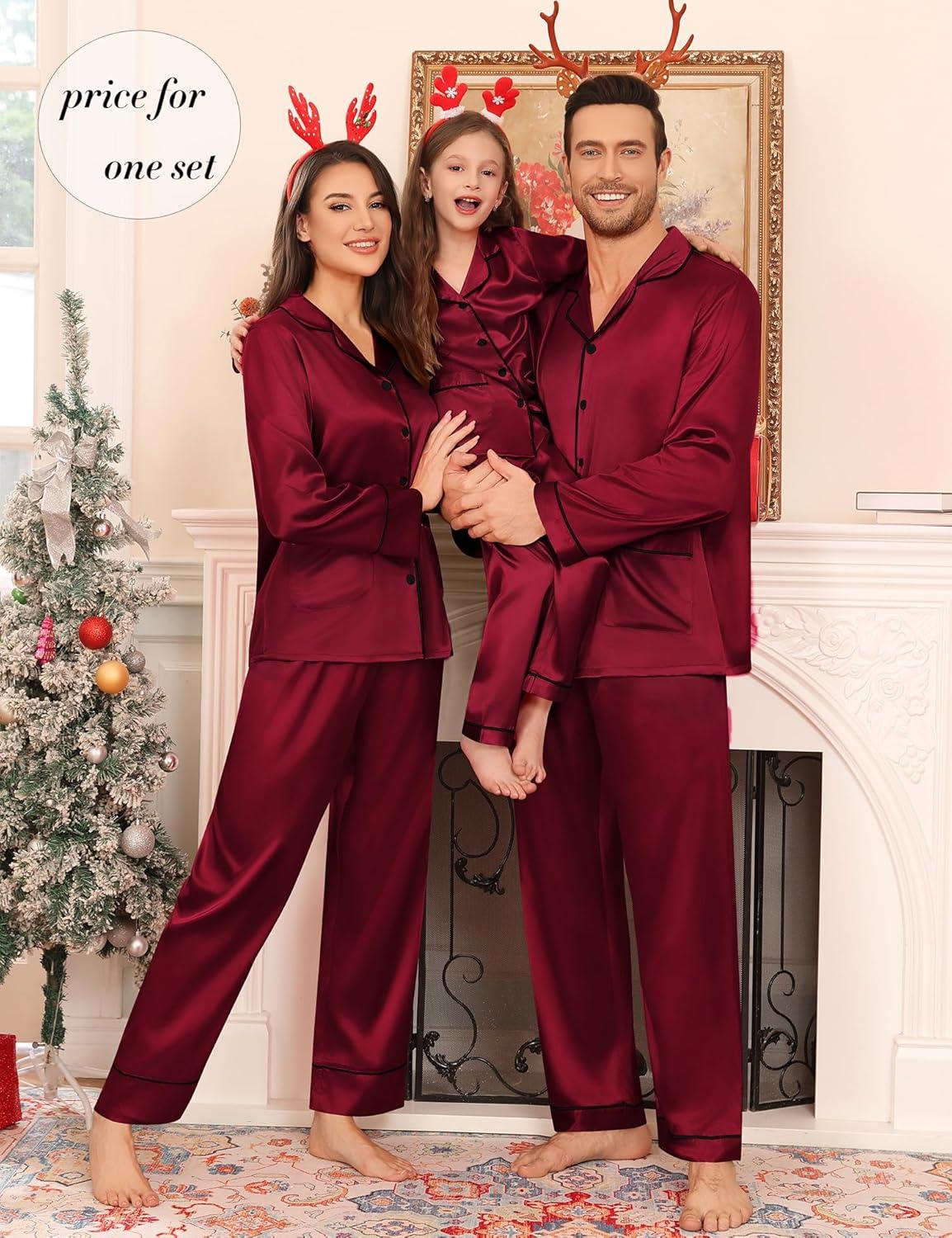 imageSWOMOG Matching Family Pajamas Set Women amp Men Silk Satin Pjs 2 Pcs Long Sleeve Button Down Sleepwear with 2 PocketsWine Red