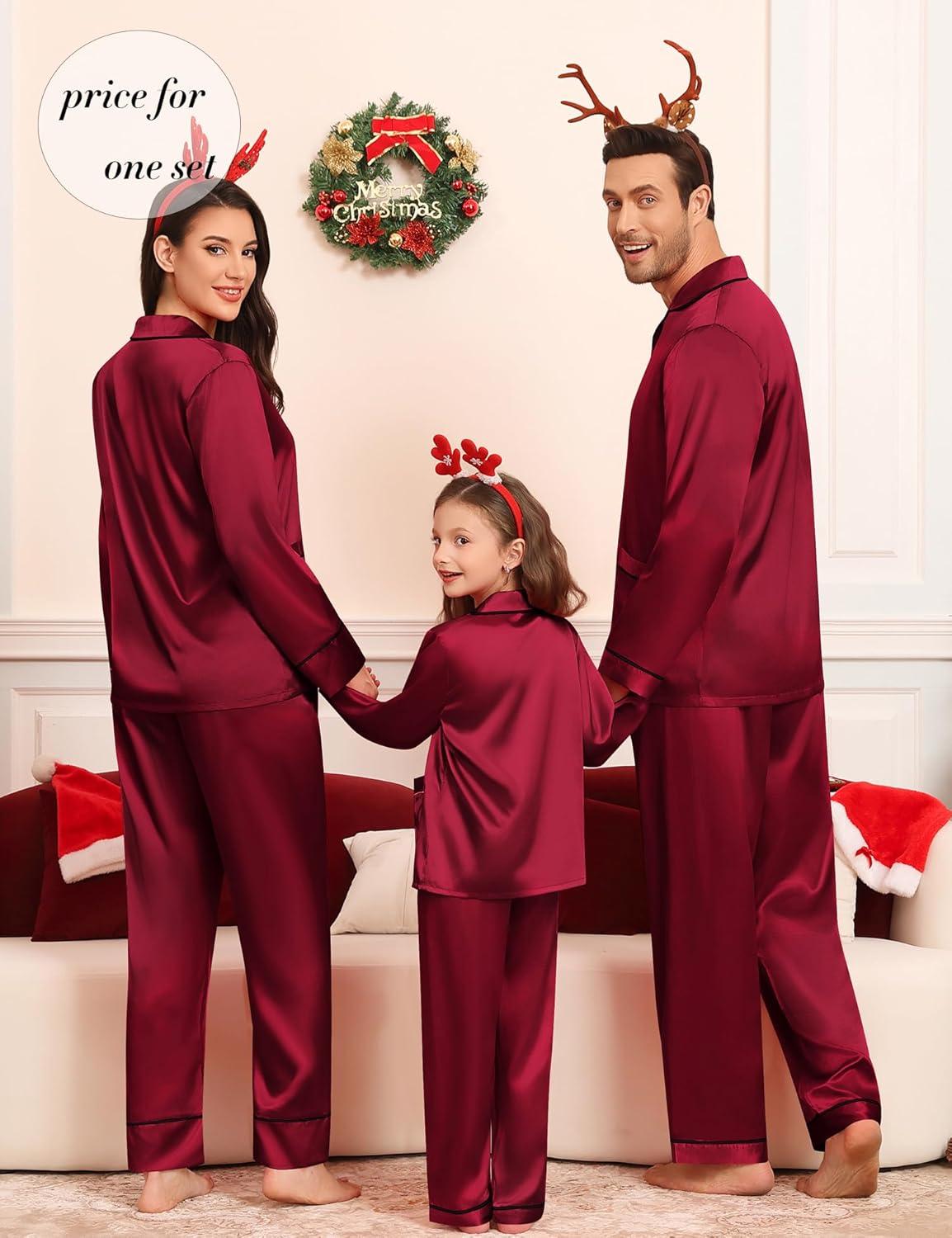 imageSWOMOG Matching Family Pajamas Set Women amp Men Silk Satin Pjs 2 Pcs Long Sleeve Button Down Sleepwear with 2 PocketsWine Red