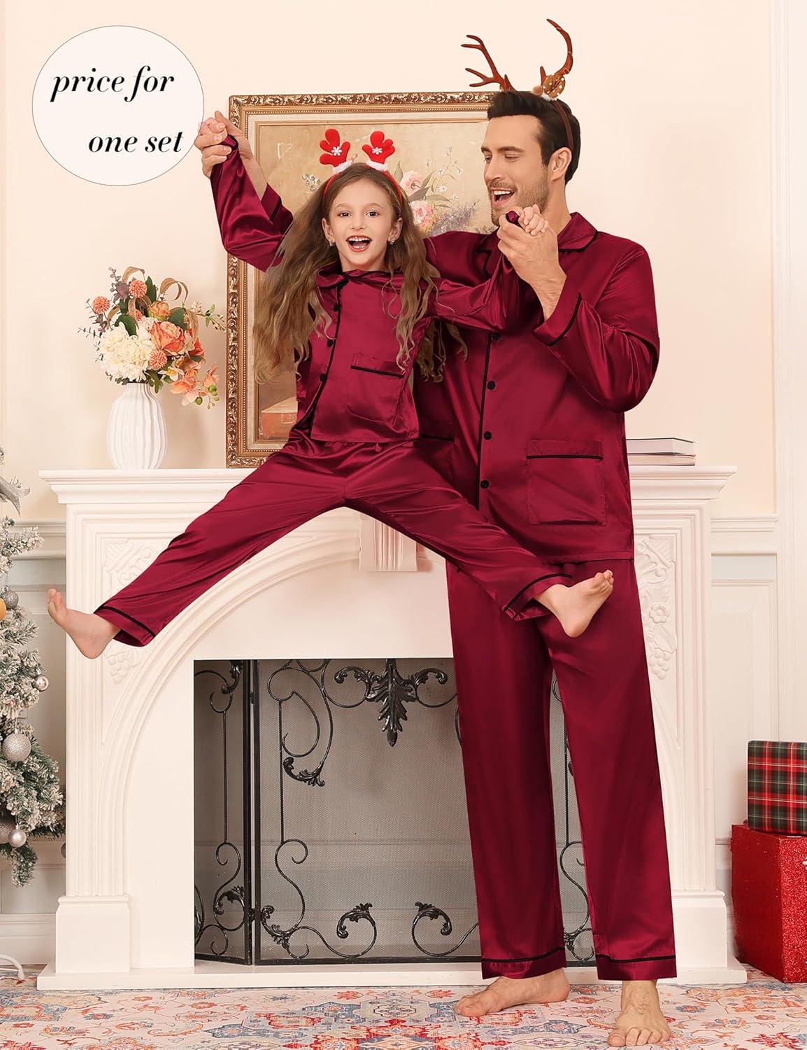 imageSWOMOG Matching Family Pajamas Set Women amp Men Silk Satin Pjs 2 Pcs Long Sleeve Button Down Sleepwear with 2 PocketsWine Red