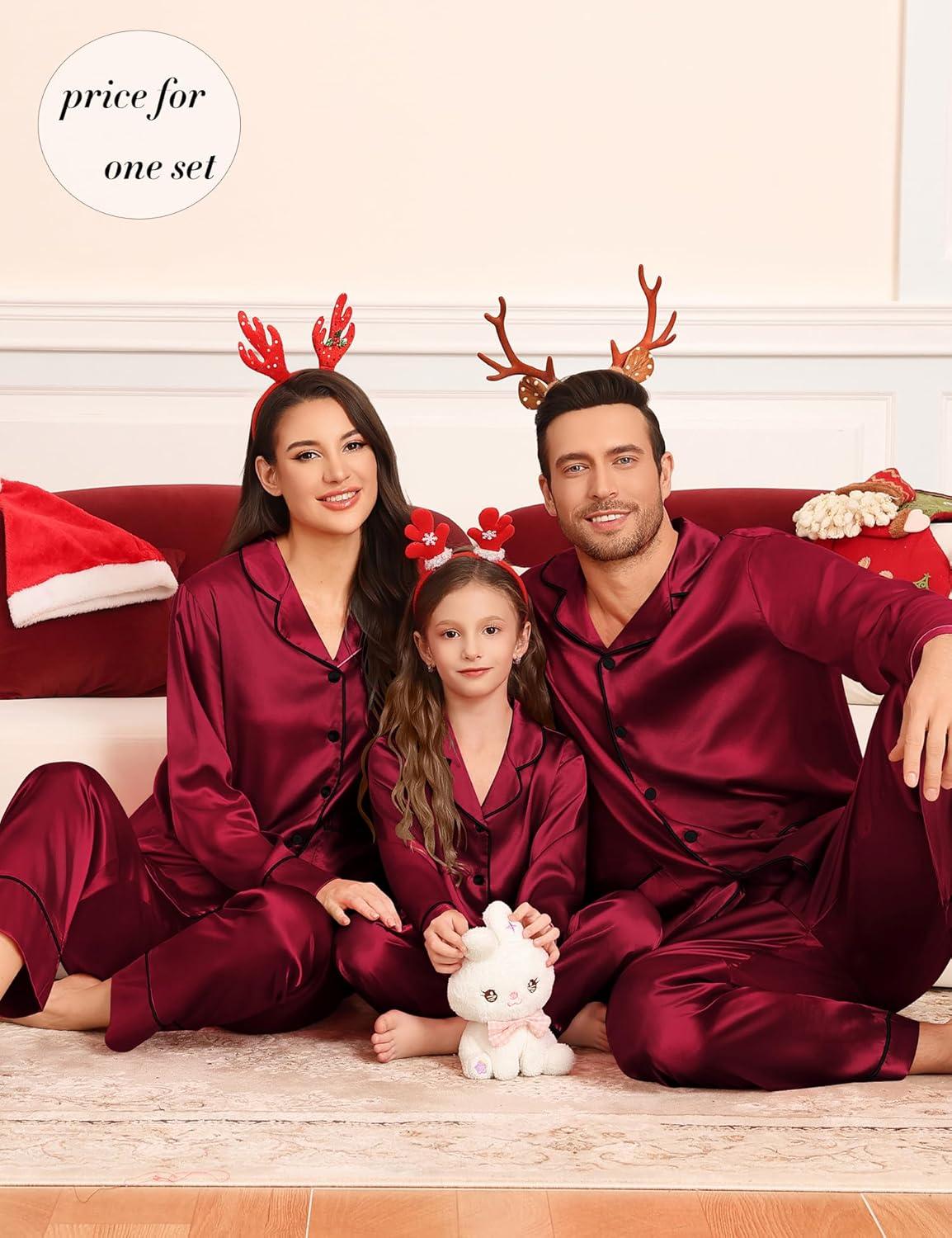 imageSWOMOG Matching Family Pajamas Set Women amp Men Silk Satin Pjs 2 Pcs Long Sleeve Button Down Sleepwear with 2 PocketsWine Red