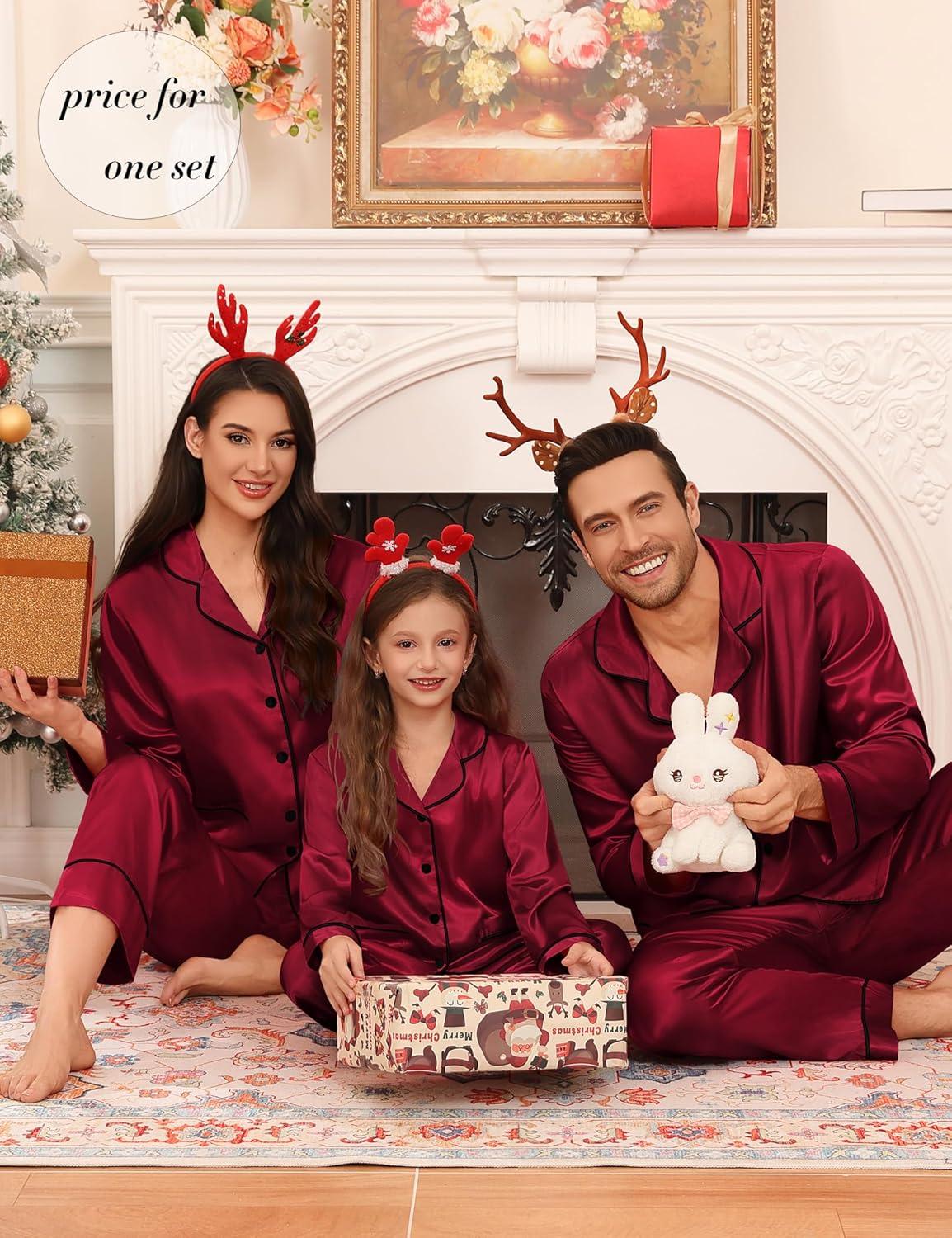 imageSWOMOG Matching Family Pajamas Set Women amp Men Silk Satin Pjs 2 Pcs Long Sleeve Button Down Sleepwear with 2 PocketsWine Red