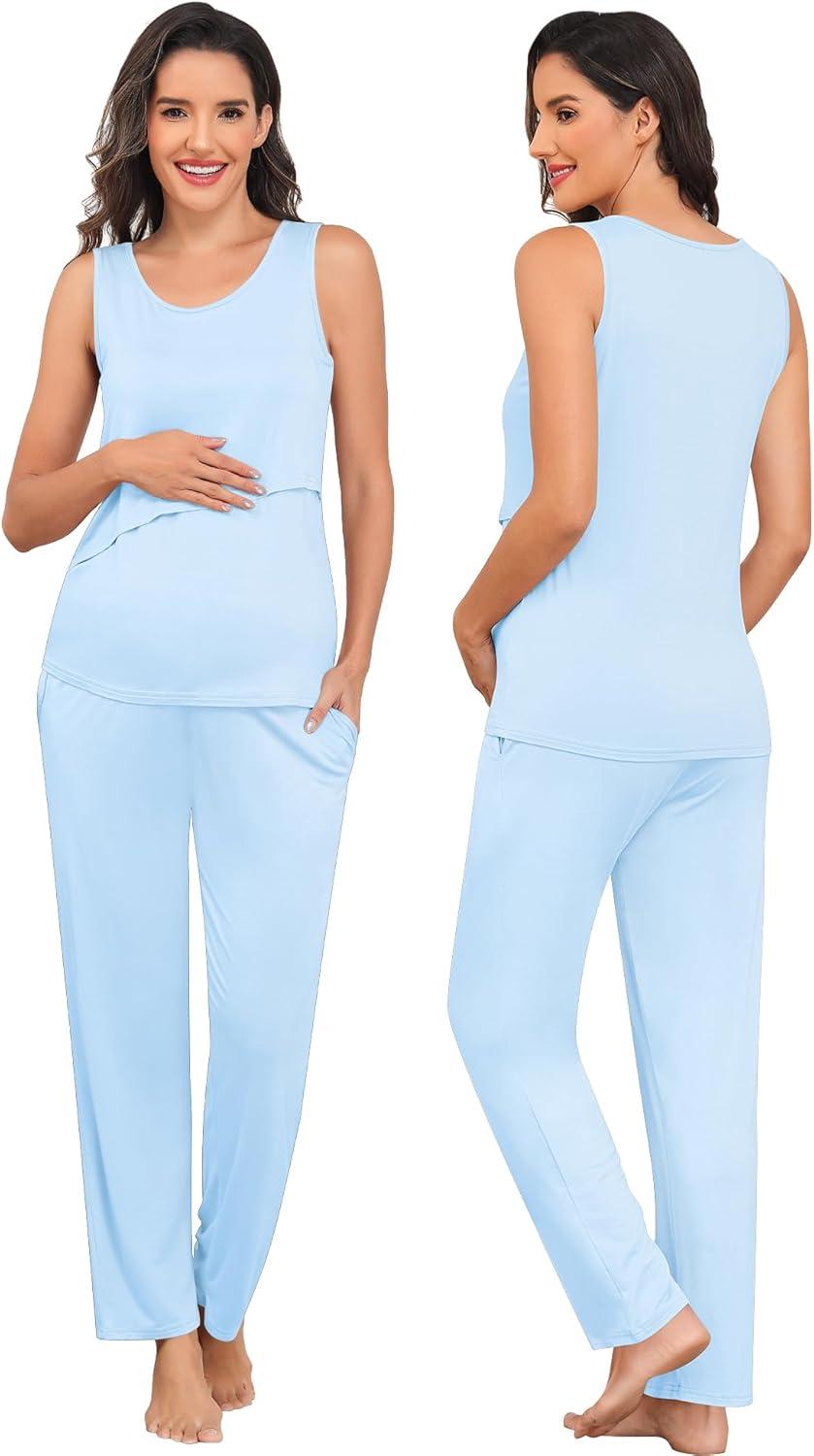 imageSWOMOG Maternity Nursing Robe Set 3 PCS Postpartum Breastfeeding Pajamas Lounge Hospital Pregnancy Pjs with RobeBaby Blue