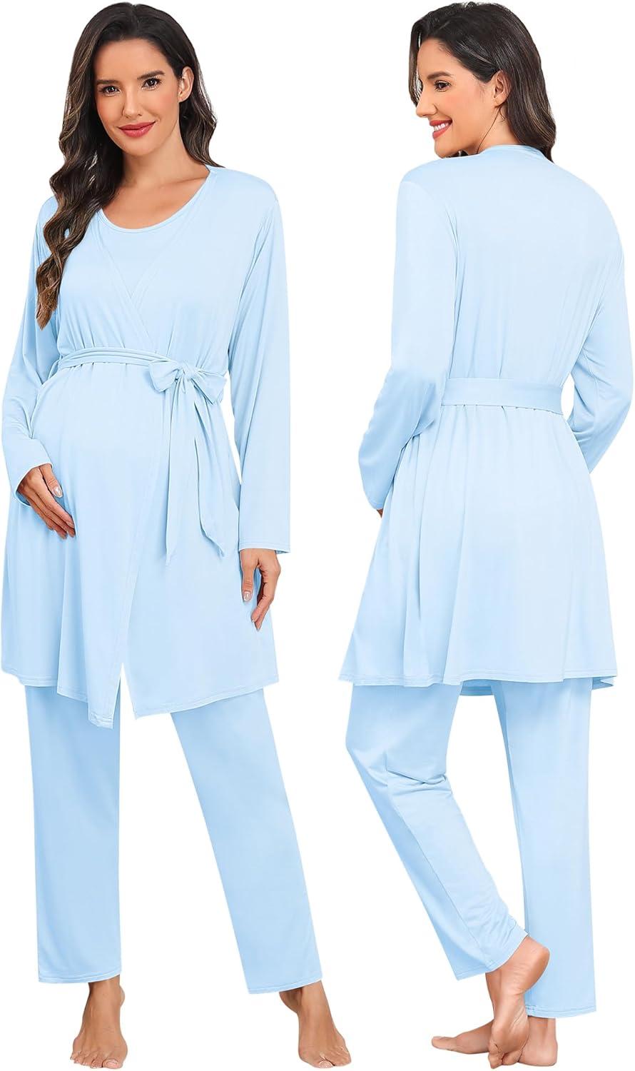 imageSWOMOG Maternity Nursing Robe Set 3 PCS Postpartum Breastfeeding Pajamas Lounge Hospital Pregnancy Pjs with RobeBaby Blue