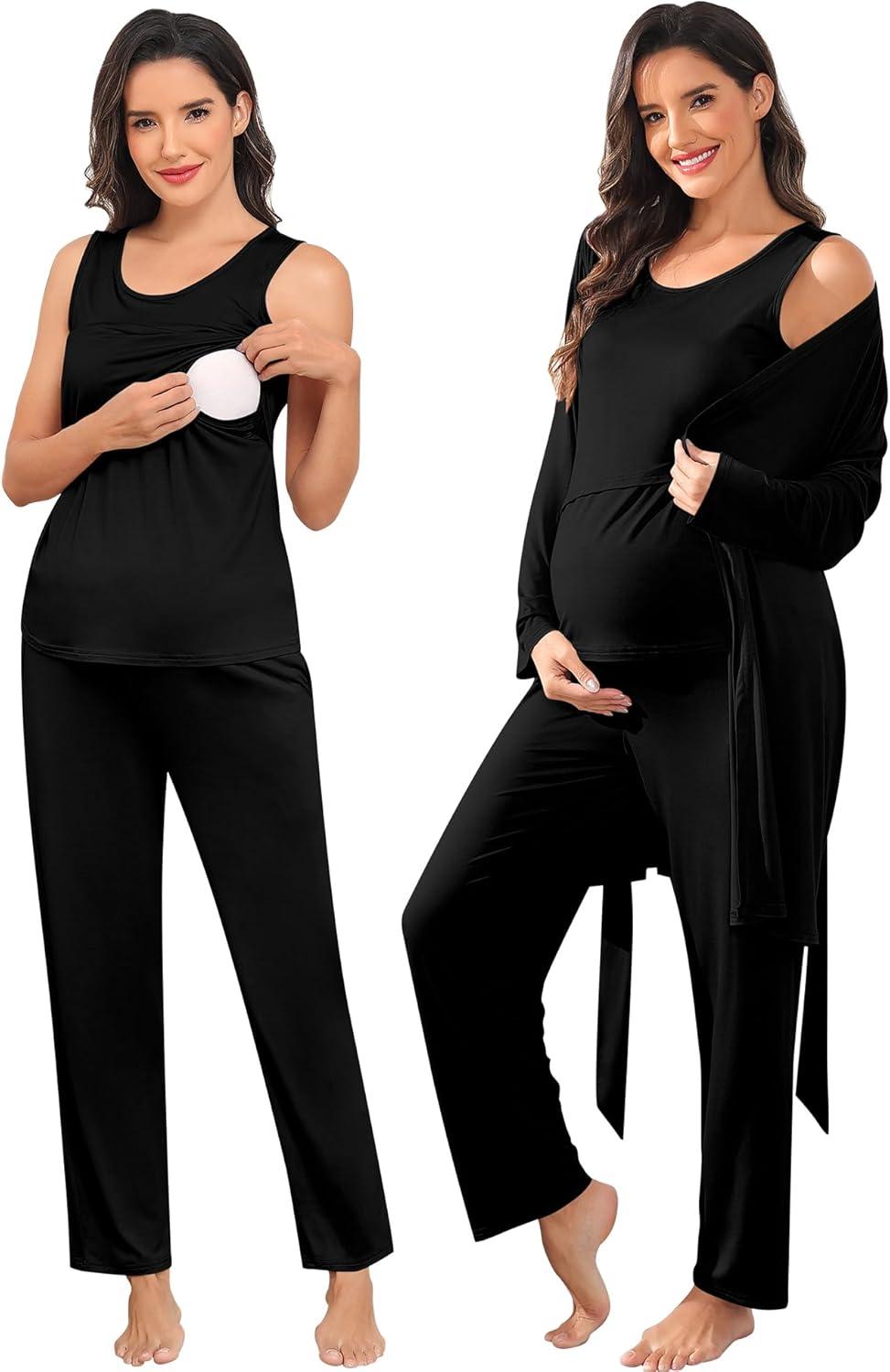 imageSWOMOG Maternity Nursing Robe Set 3 PCS Postpartum Breastfeeding Pajamas Lounge Hospital Pregnancy Pjs with RobeBlack